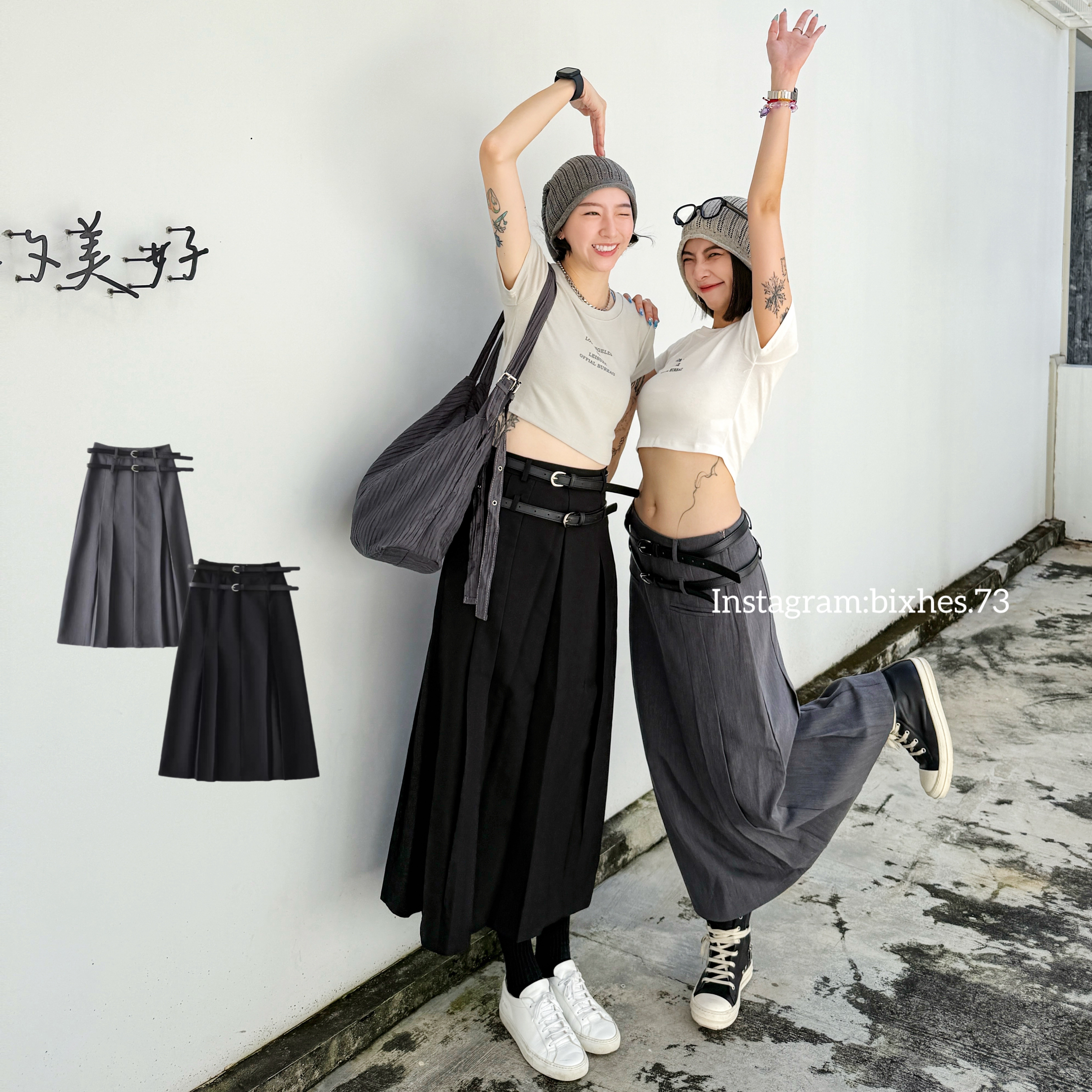 雙腰帶西裝百褶長裙(D00013)