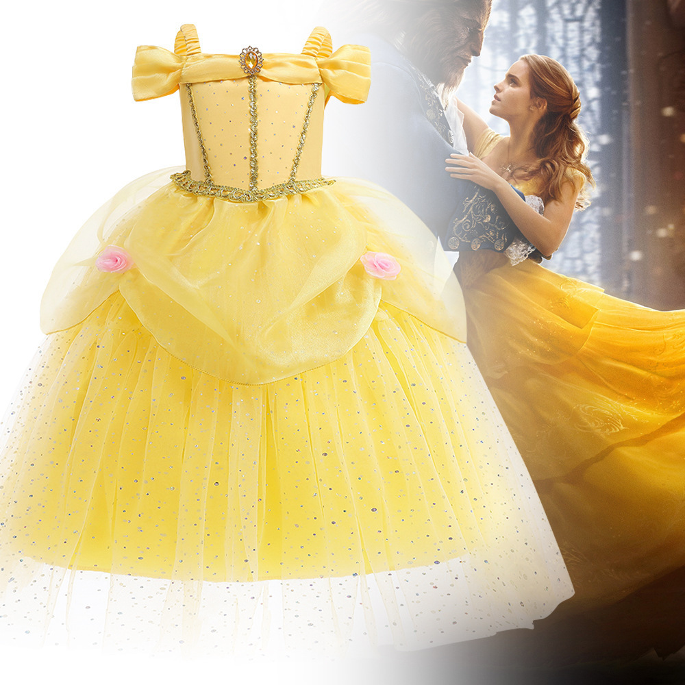 萬聖節 美女與野獸貝兒公主禮服 粉花朵 100-150cm #K53