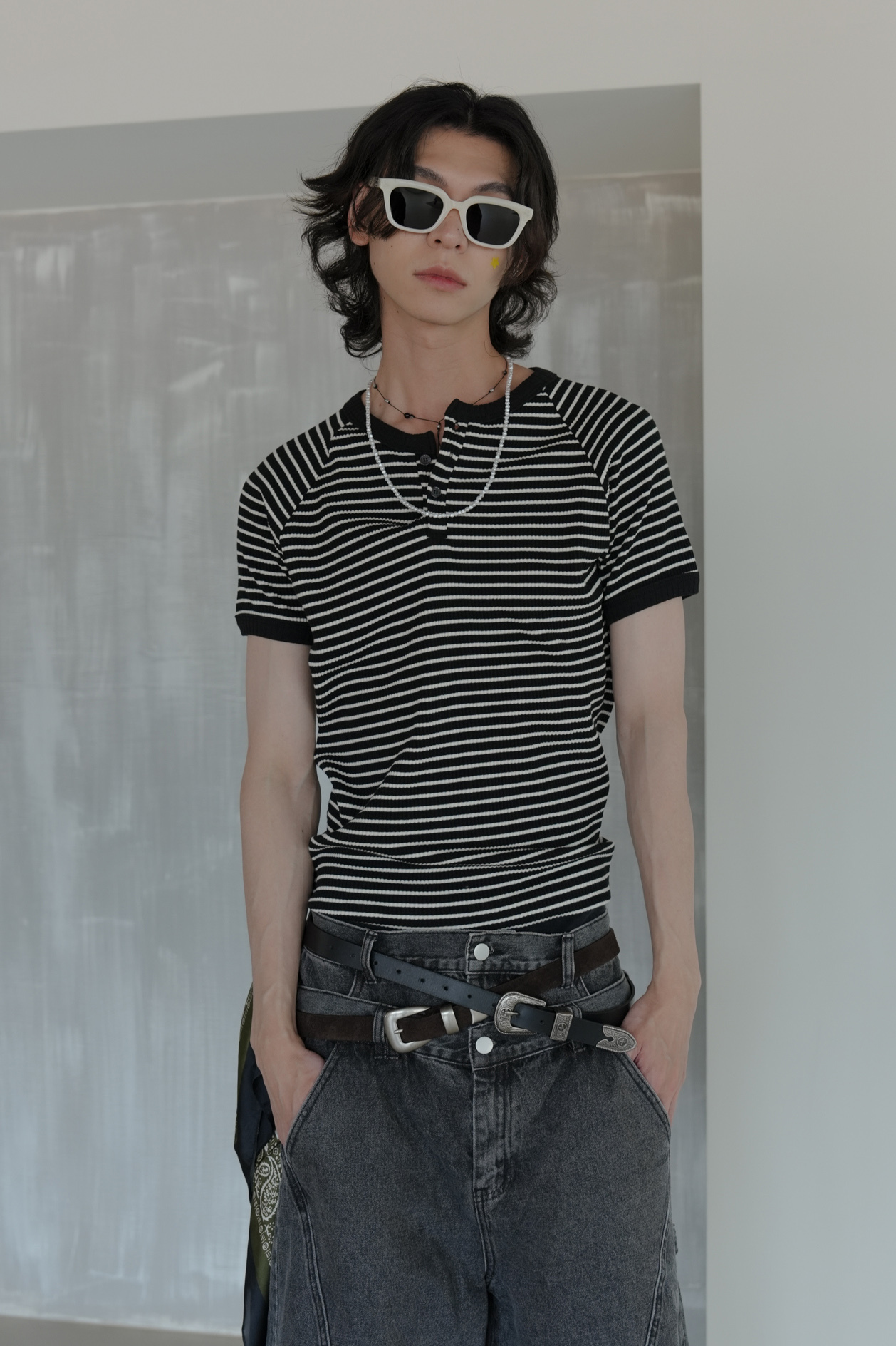 Striped Ribbed Henley Ringer Tee #上衣