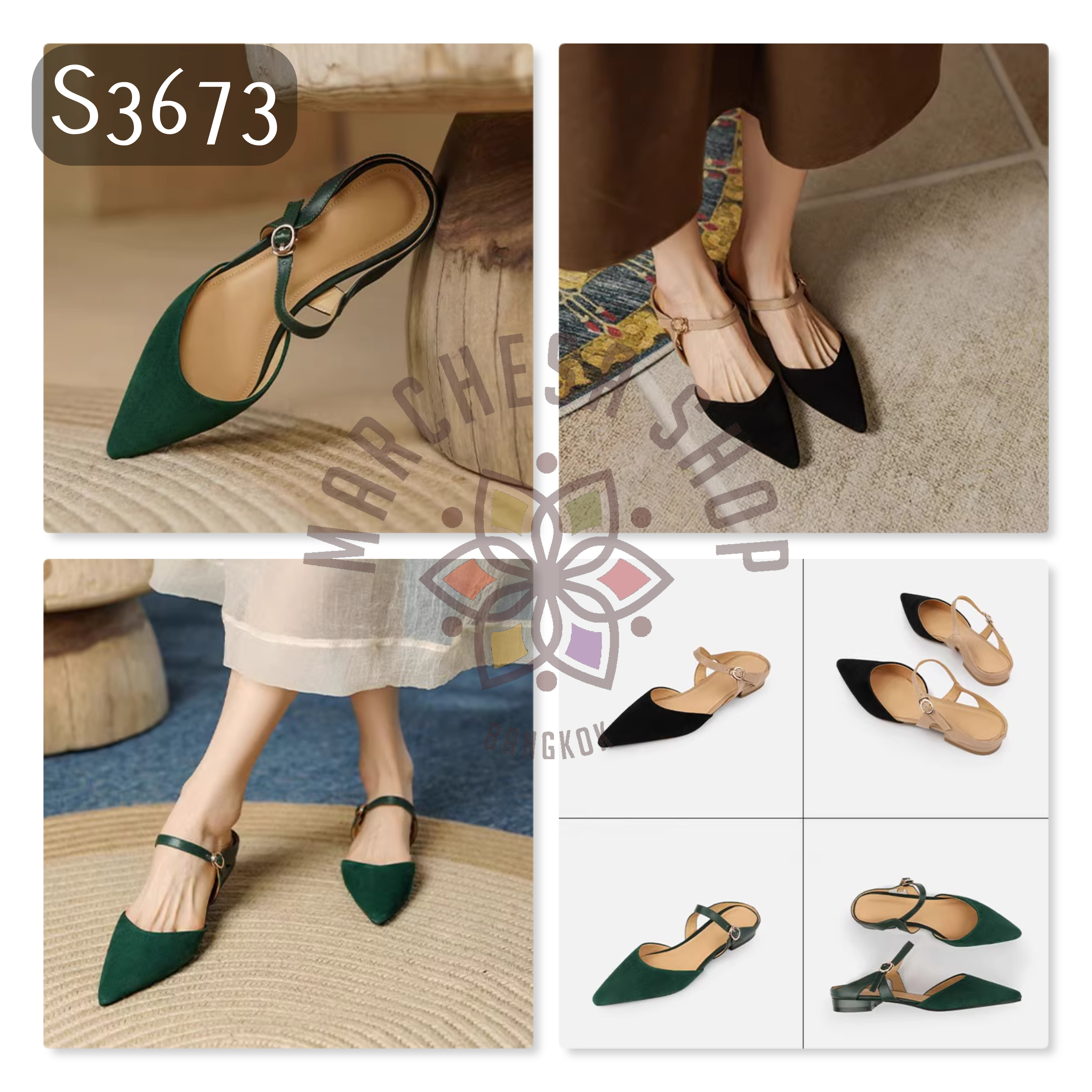 S3673 - 牛猄拼皮鏤空扣帶尖頭平底涼拖