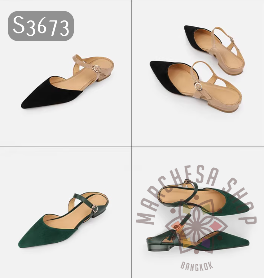 S3673 - 牛猄拼皮鏤空扣帶尖頭平底涼拖