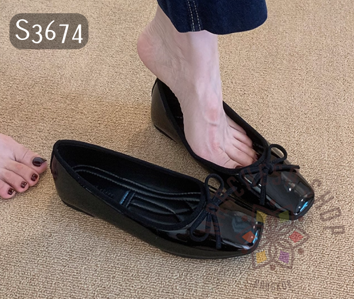S3674 - 頭層小羊漆皮蝴蝶結方頭芭蕾舞鞋 (兩種高度)