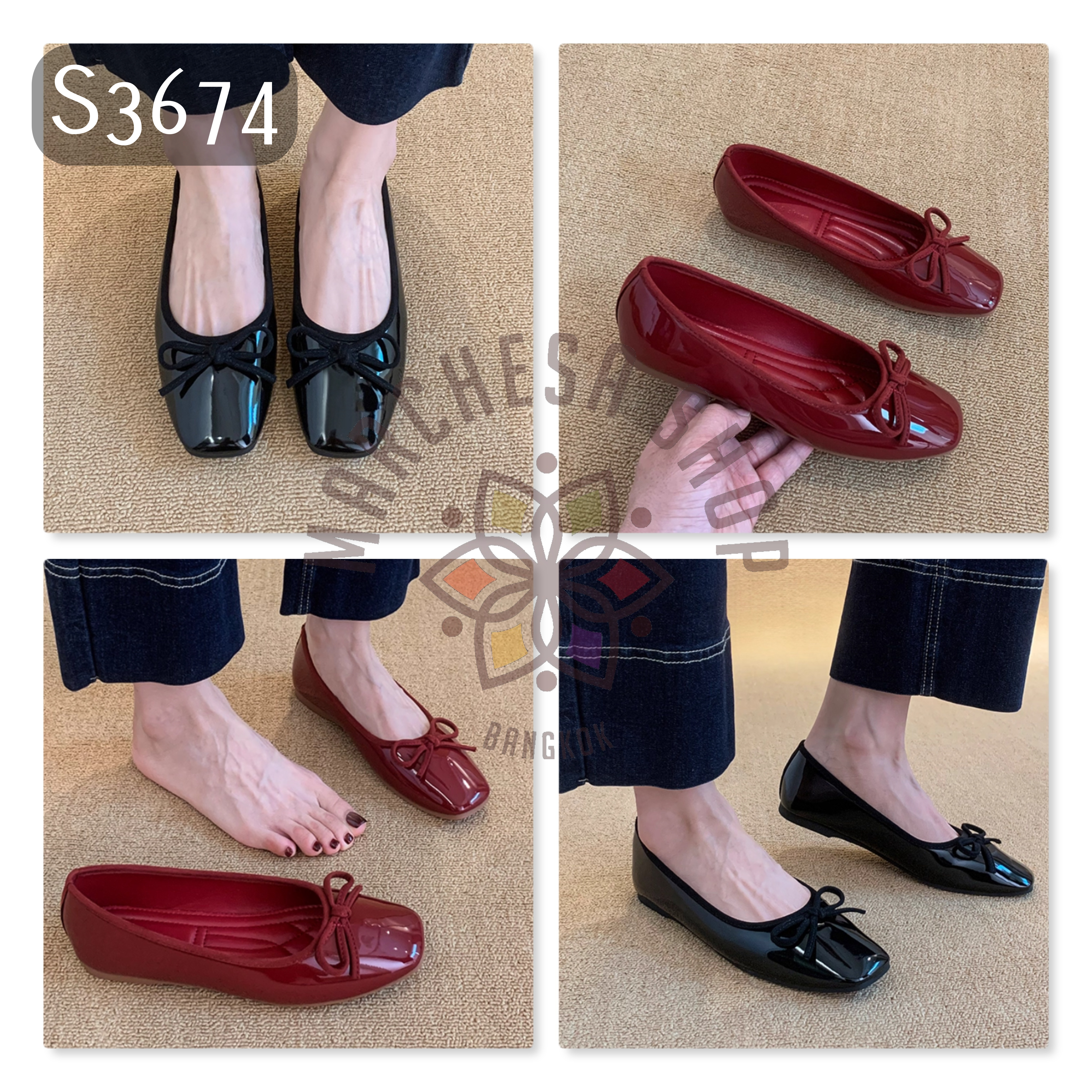 S3674 - 頭層小羊漆皮蝴蝶結方頭芭蕾舞鞋 (兩種高度)