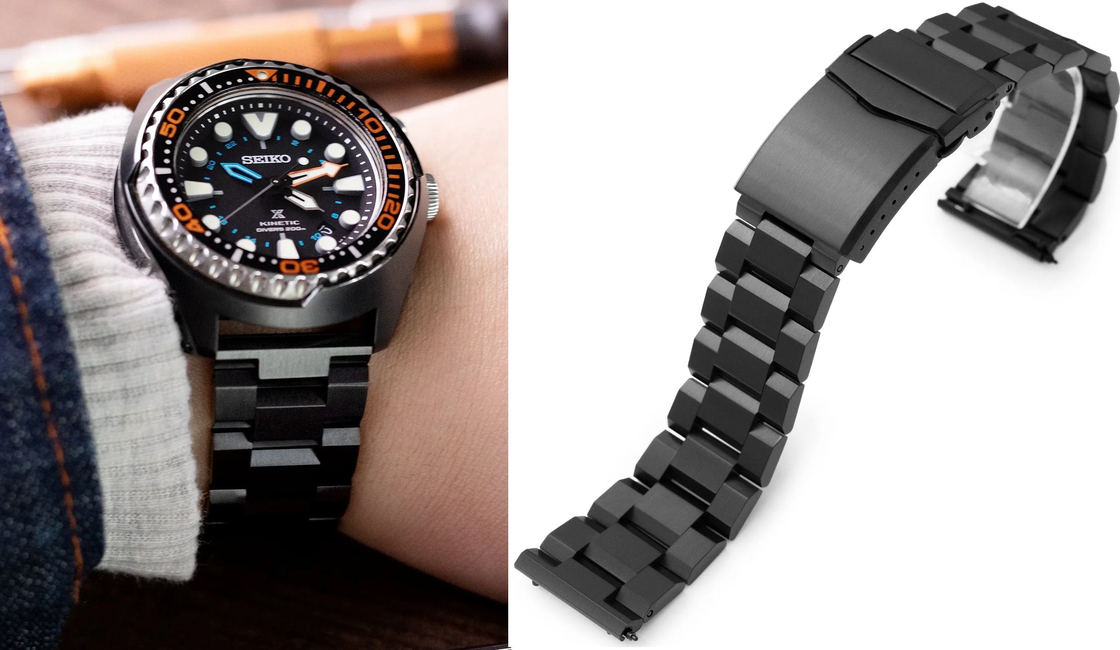 萬年鐘錶 - 太空人錶帶  直耳式24MM通用款   Hexad實心凱撒三板式V形潛水扣全黑不鏽鋼錶帶   SS242220BLC169S