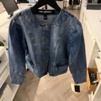 [S] KARL LAGERFELD BLUE DENIM COLLARLESS JACKET, L5TC2197-CUI (SKL1346)