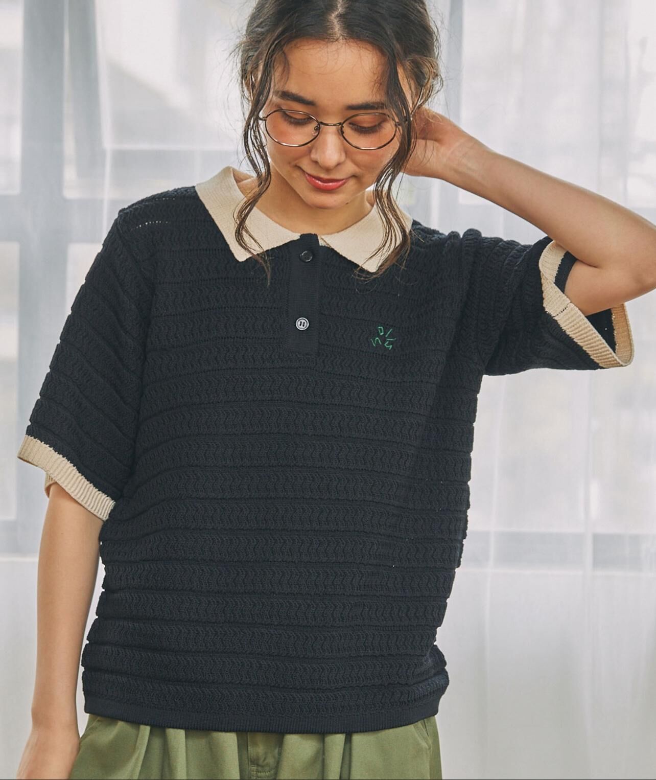 【預購】JN080806 MONO-MART LADY'S 刺繡配色針織Polo短袖上衣(FREE SIZE)