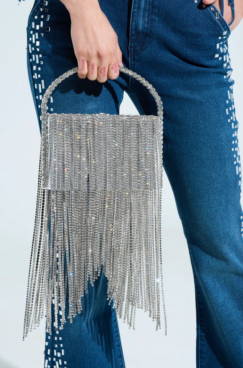 Lux Silver銀色奢華水鑽流蘇手拿包