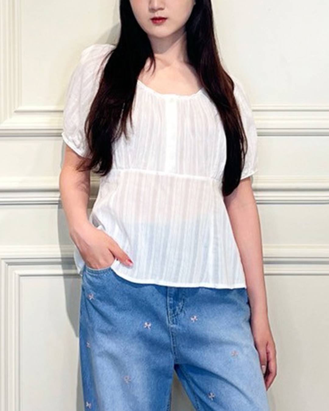 Yolanda 織帶短袖上衣(白)