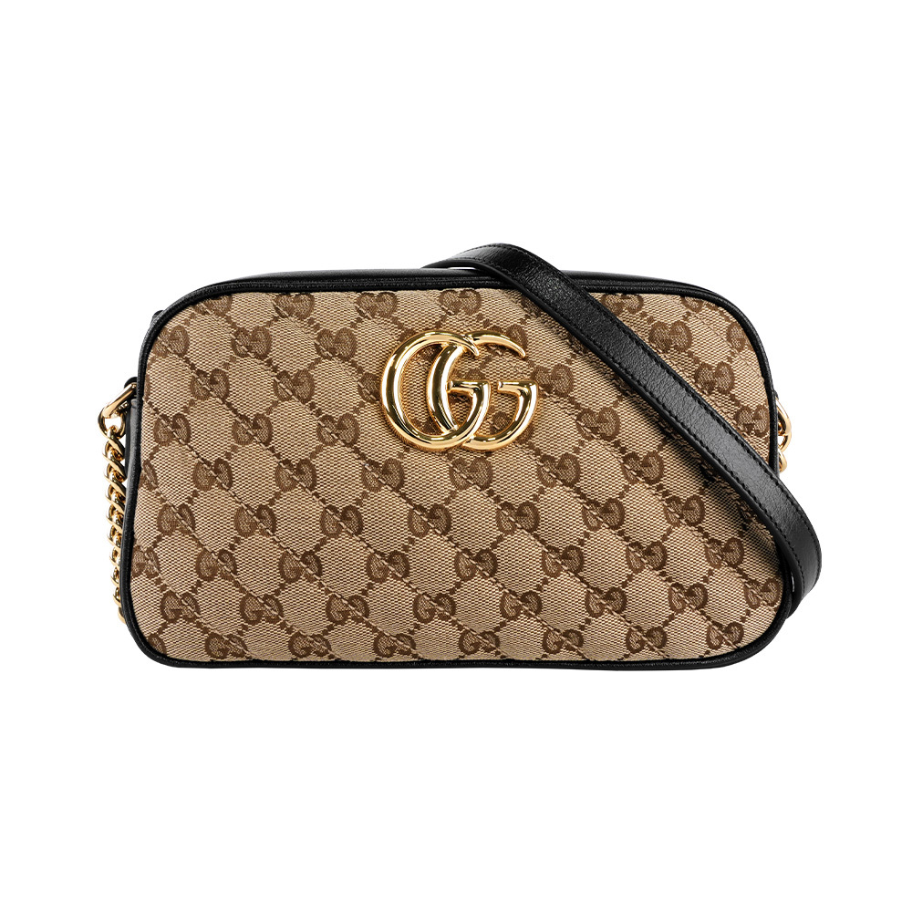 【GUCCI】帆布 GG Marmont肩背/斜背包(黑邊/卡其色)