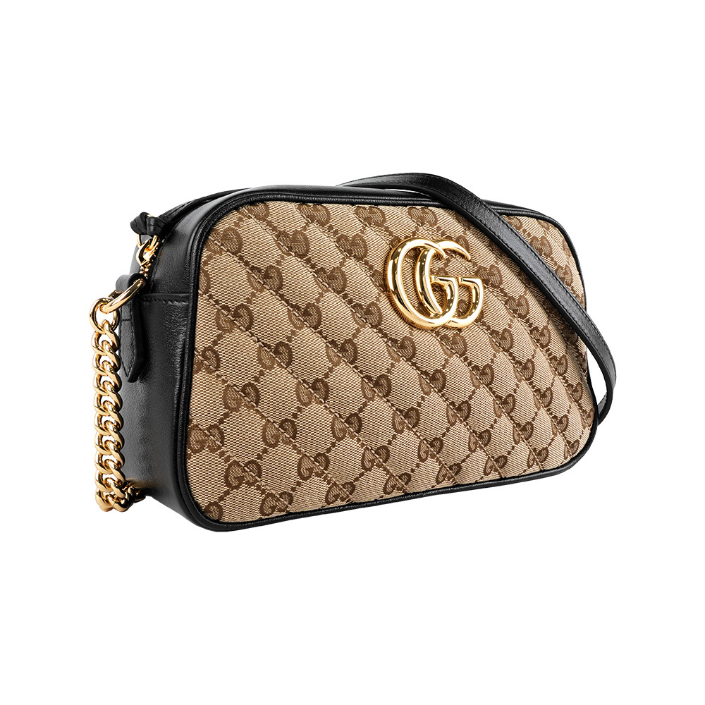 【GUCCI】帆布 GG Marmont肩背/斜背包(黑邊/卡其色)