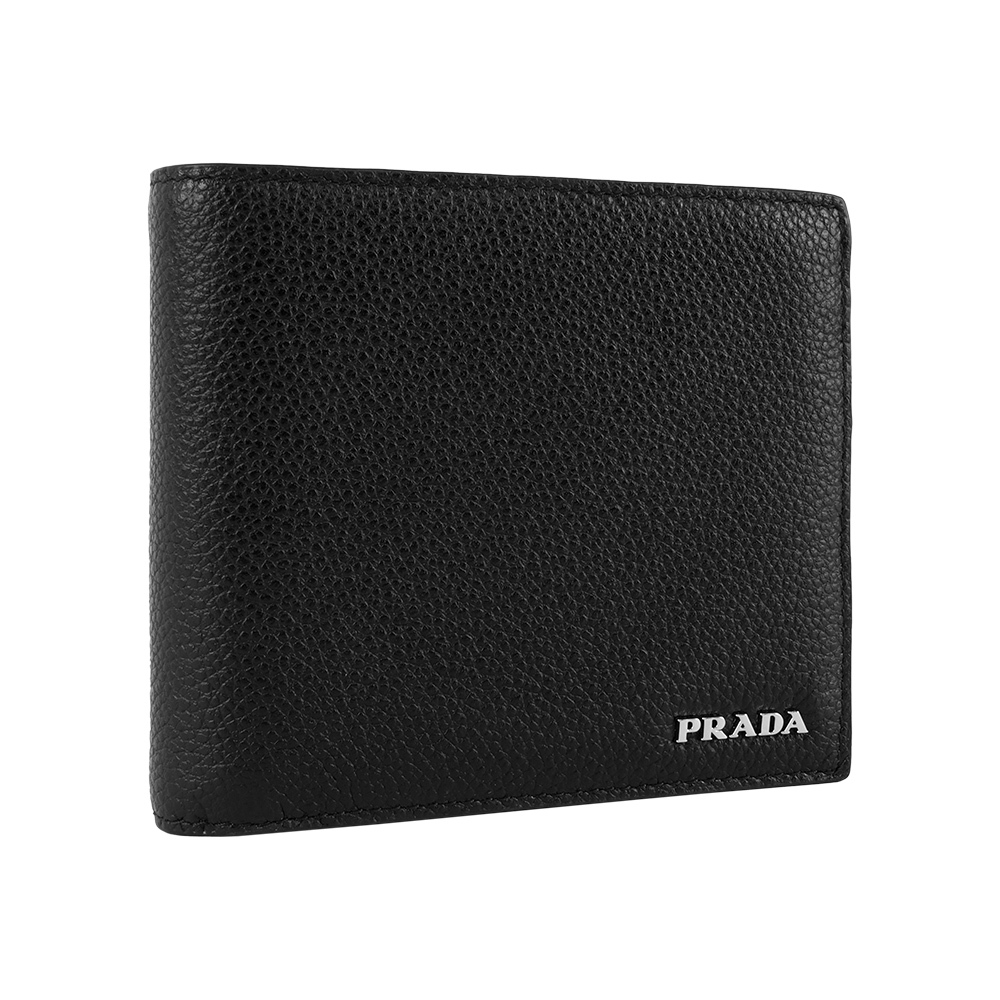 【Prada】銀字Logo 粒紋皮革對開8卡短夾(黑色)