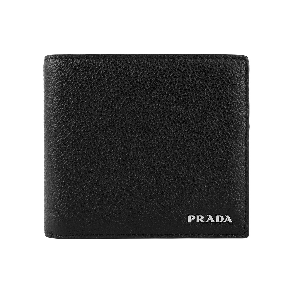 【Prada】銀字Logo 粒紋皮革對開8卡短夾(黑色)