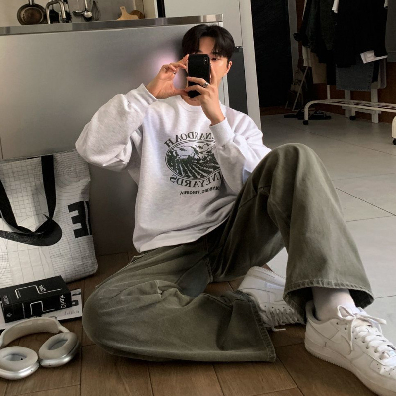 韓版灰綠色稀有復古工裝牛仔褲