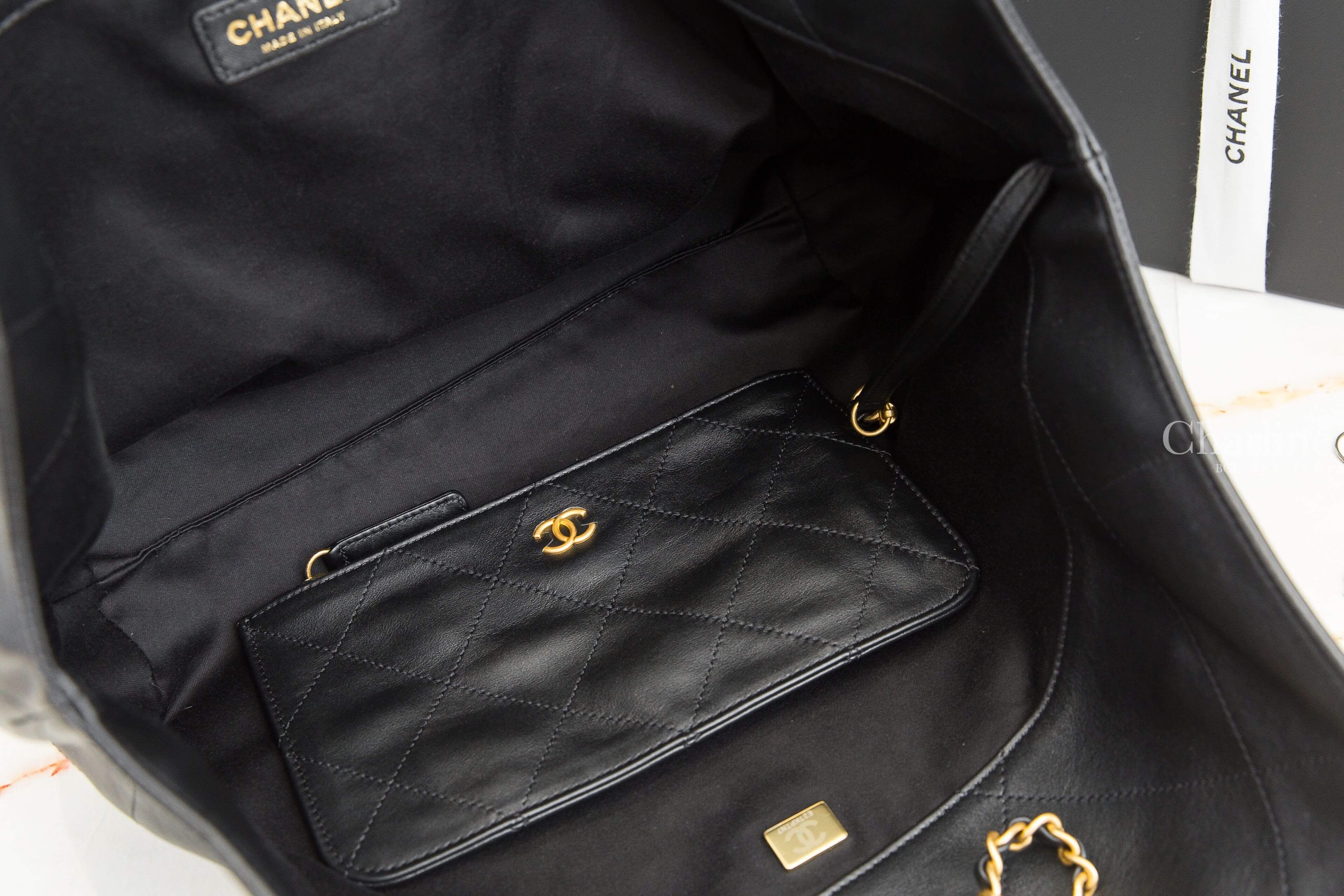 Chanel Shopping Bag 黑色金CC金鍊大型小牛皮大菱格紋扇形肩背托特包-Charline Boutique 精品代購