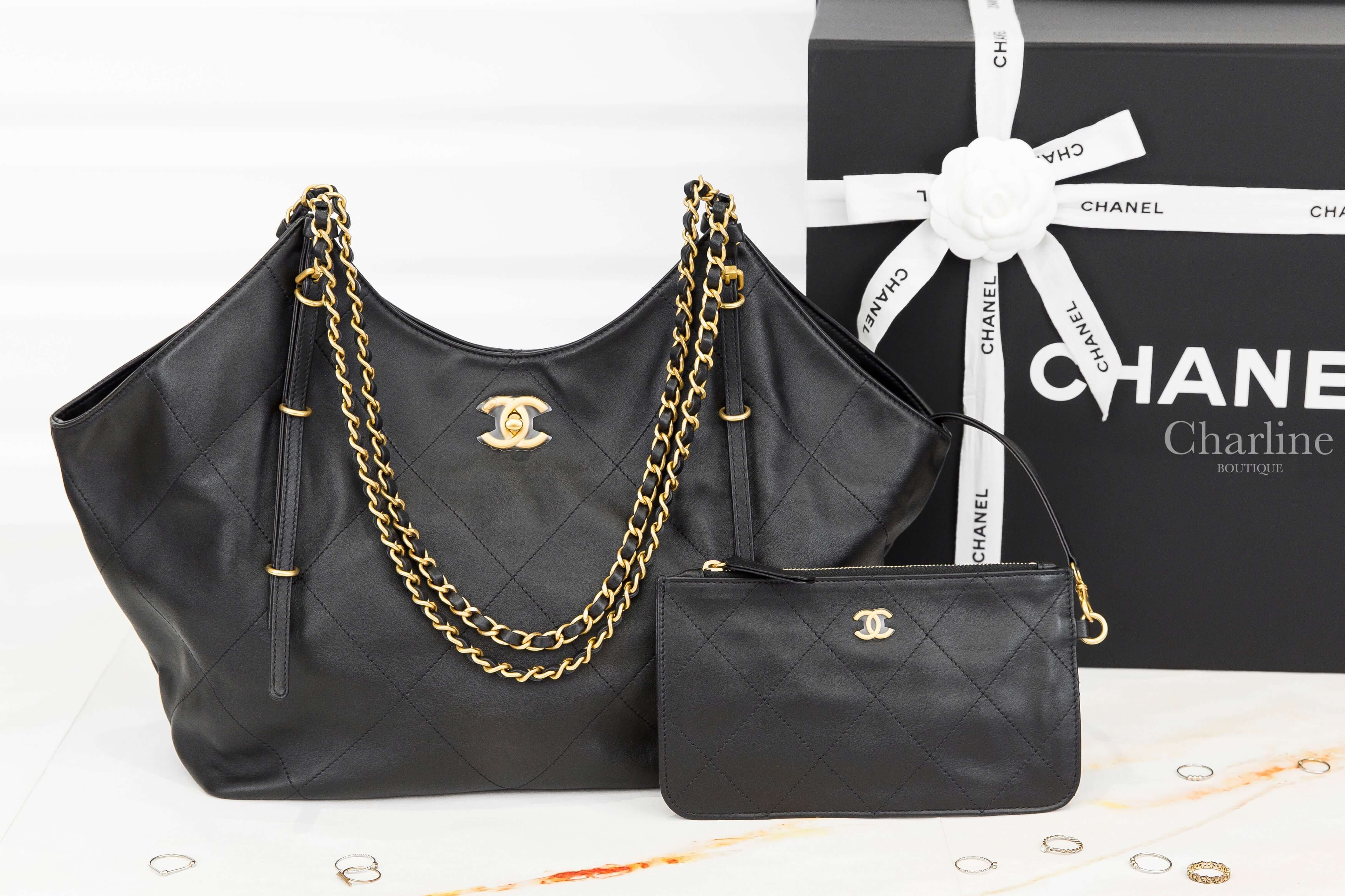 Chanel Shopping Bag 黑色金CC金鍊大型小牛皮大菱格紋扇形肩背托特包-Charline Boutique 精品代購