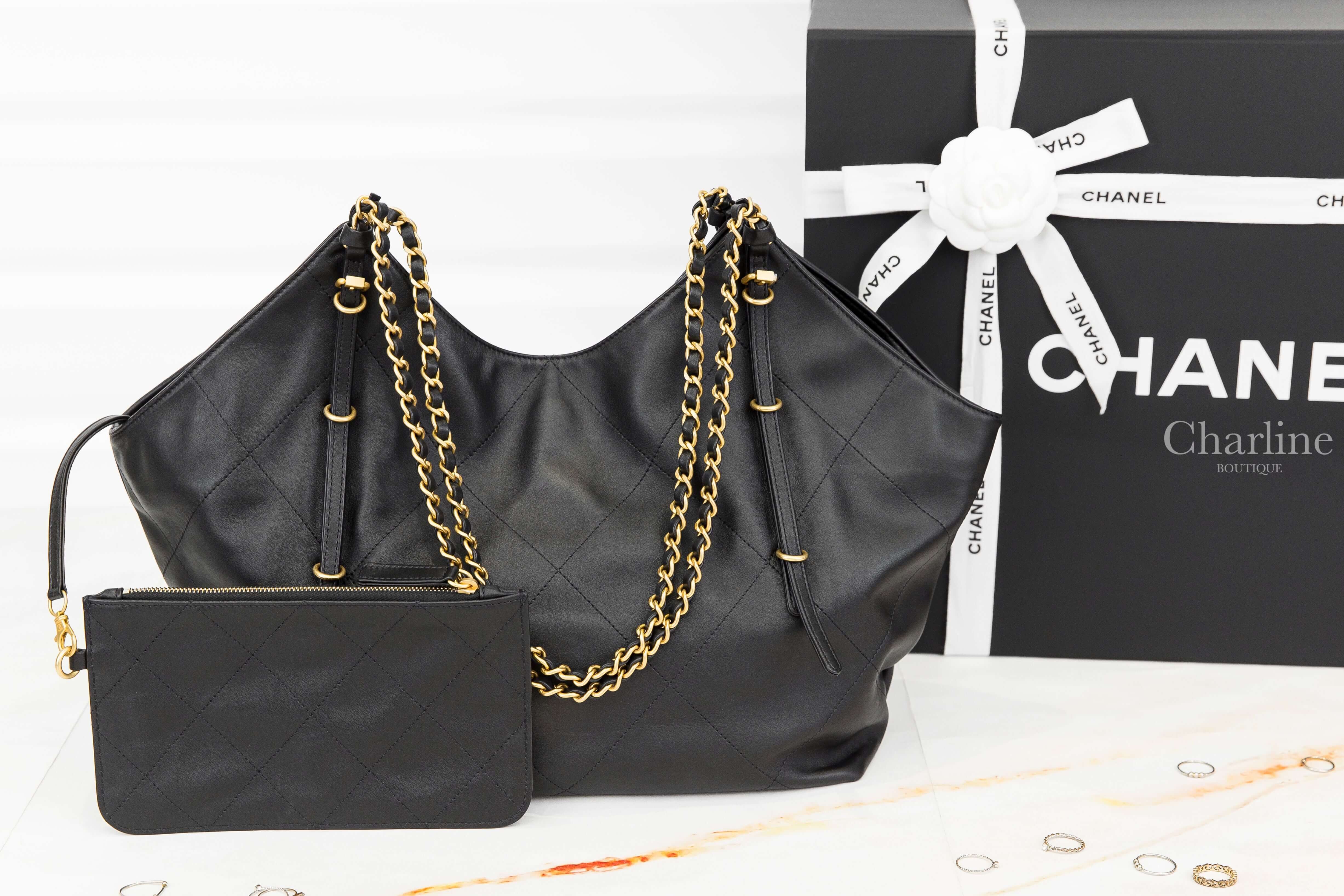 Chanel Shopping Bag 黑色金CC金鍊大型小牛皮大菱格紋扇形肩背托特包-Charline Boutique 精品代購
