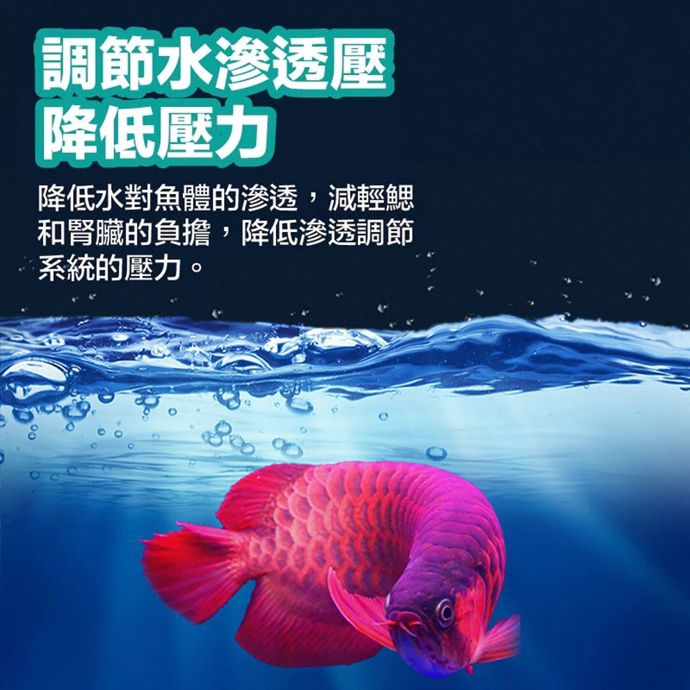 利用滲透壓調節機制,有效減少水對魚體的滲透壓,幫助降低鰓和腎臟的負荷,提升魚隻對外界環境的抵抗力,達到抑菌驅害的效果,保護魚兒健康長期穩定