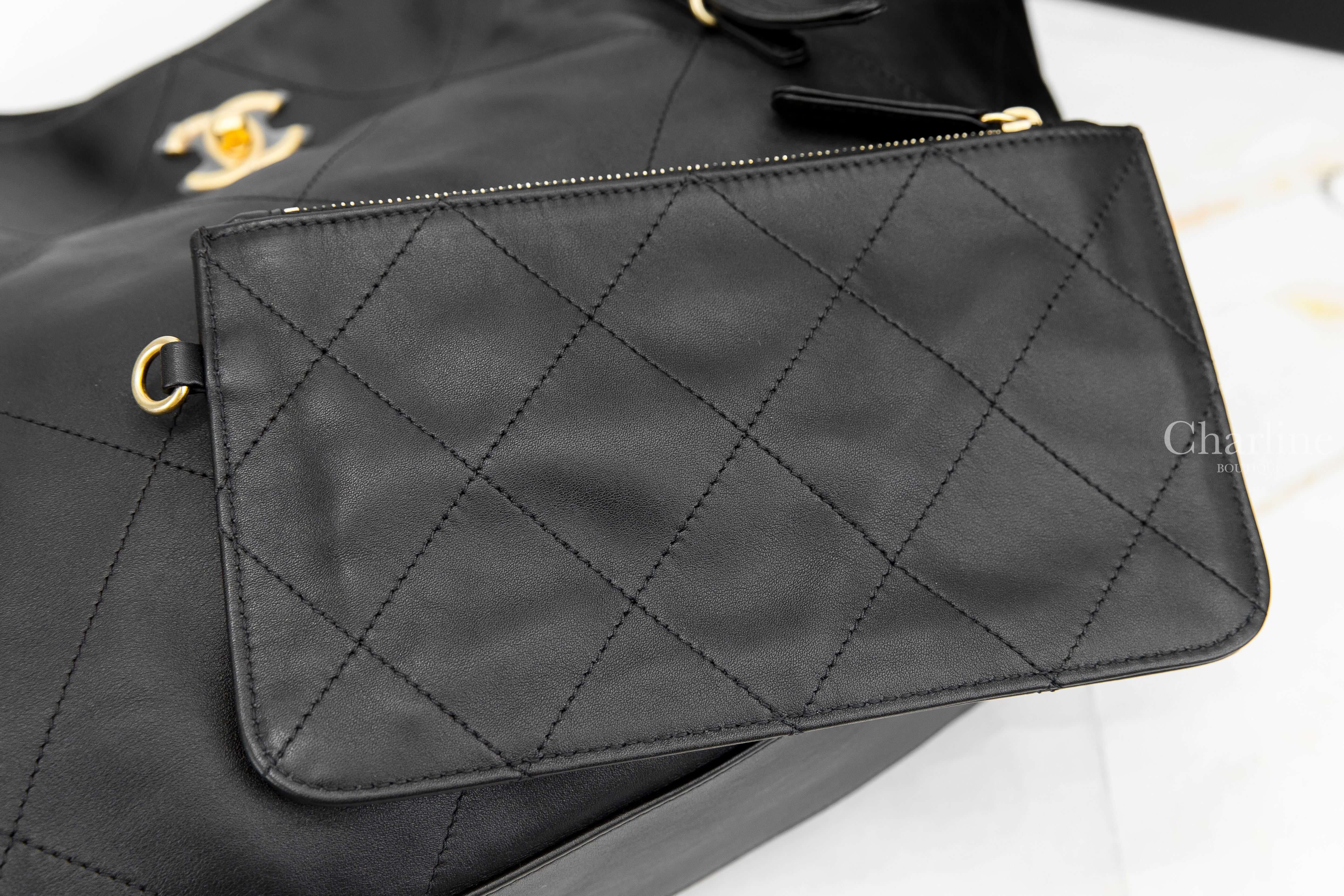 Chanel Shopping Bag 黑色金CC金鍊大型小牛皮大菱格紋扇形肩背托特包-Charline Boutique 精品代購