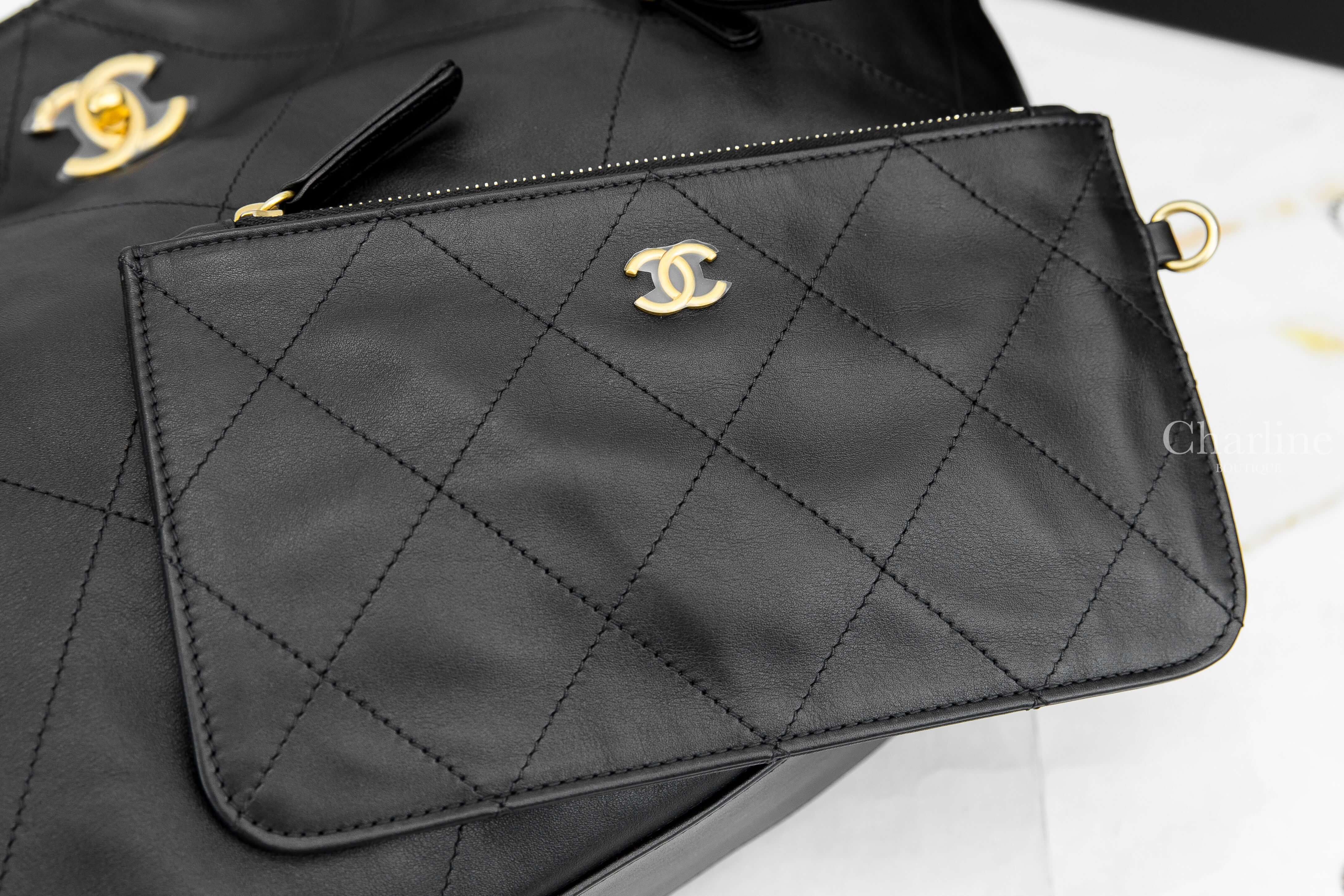 Chanel Shopping Bag 黑色金CC金鍊大型小牛皮大菱格紋扇形肩背托特包-Charline Boutique 精品代購