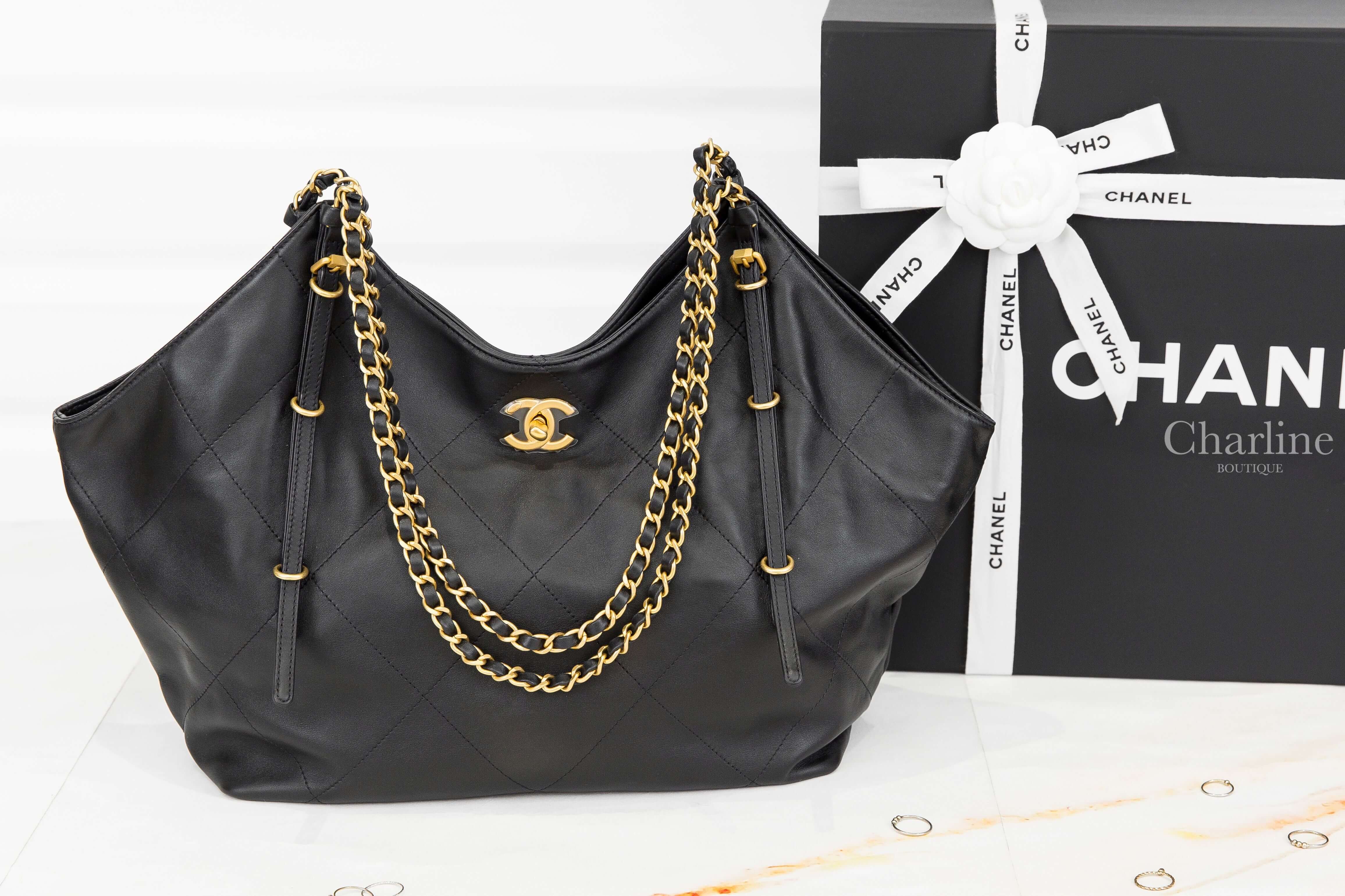 Chanel Shopping Bag 黑色金CC金鍊大型小牛皮大菱格紋扇形肩背托特包-Charline Boutique 精品代購