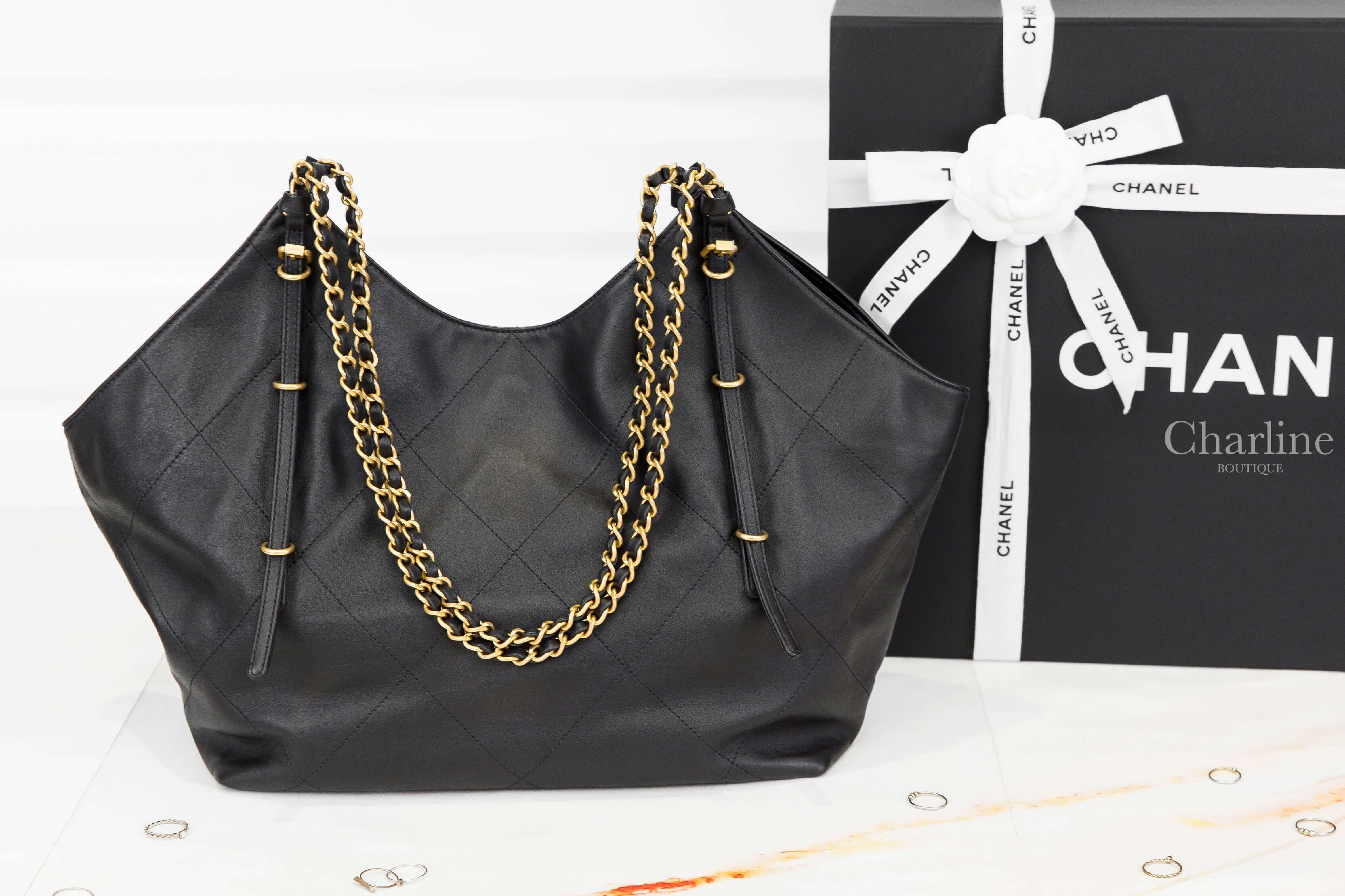 Chanel Shopping Bag 黑色金CC金鍊大型小牛皮大菱格紋扇形肩背托特包-Charline Boutique 精品代購