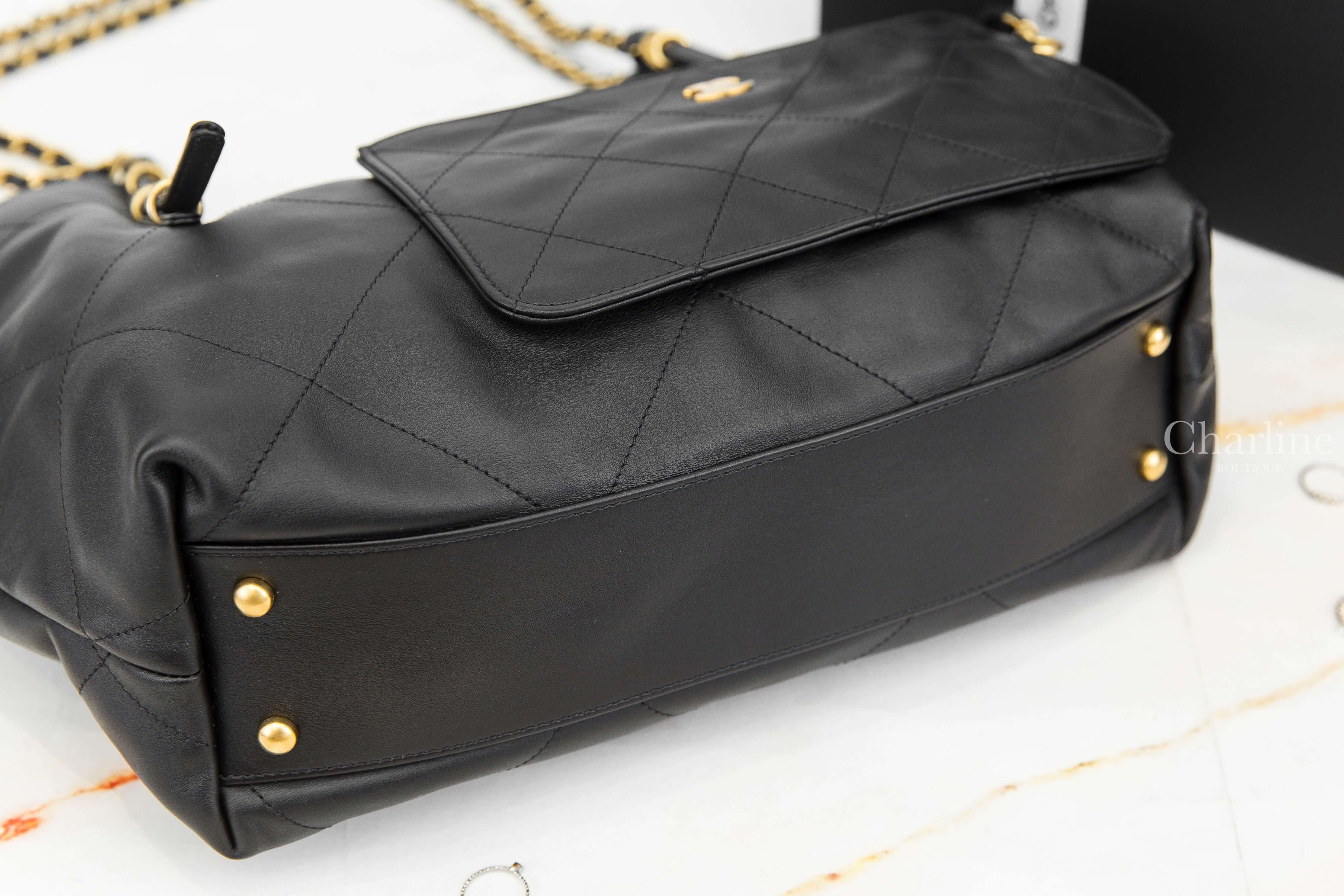 Chanel Shopping Bag 黑色金CC金鍊大型小牛皮大菱格紋扇形肩背托特包-Charline Boutique 精品代購