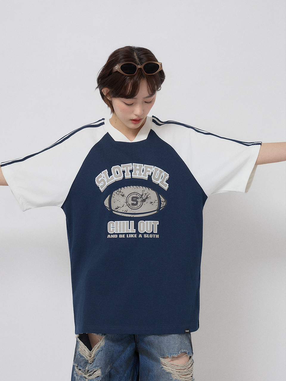 雙色拼接字母短T