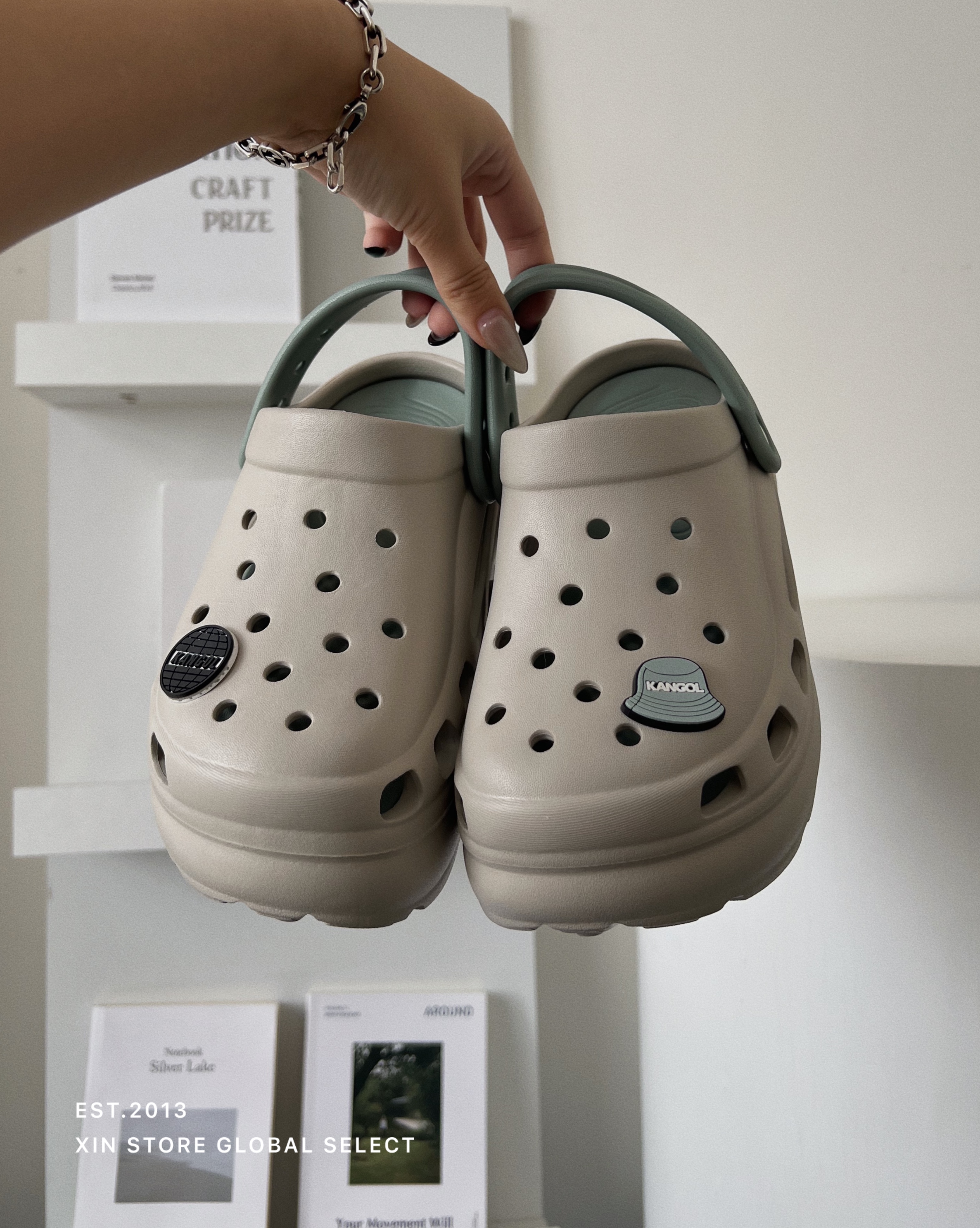 Kangol 撞色 增高 厚底 涼鞋 洞洞鞋 淺灰