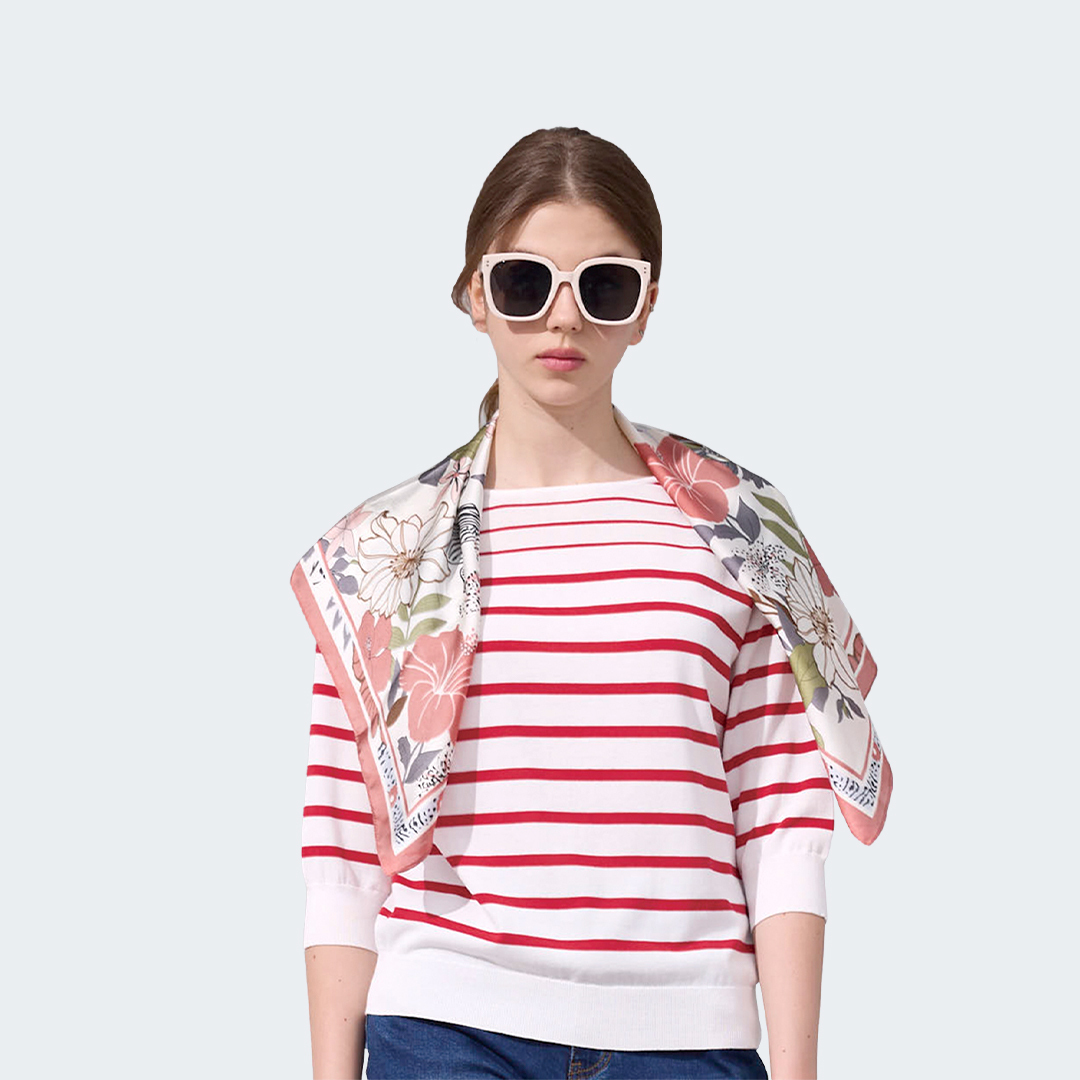 扶桑花卉印花方框絲巾