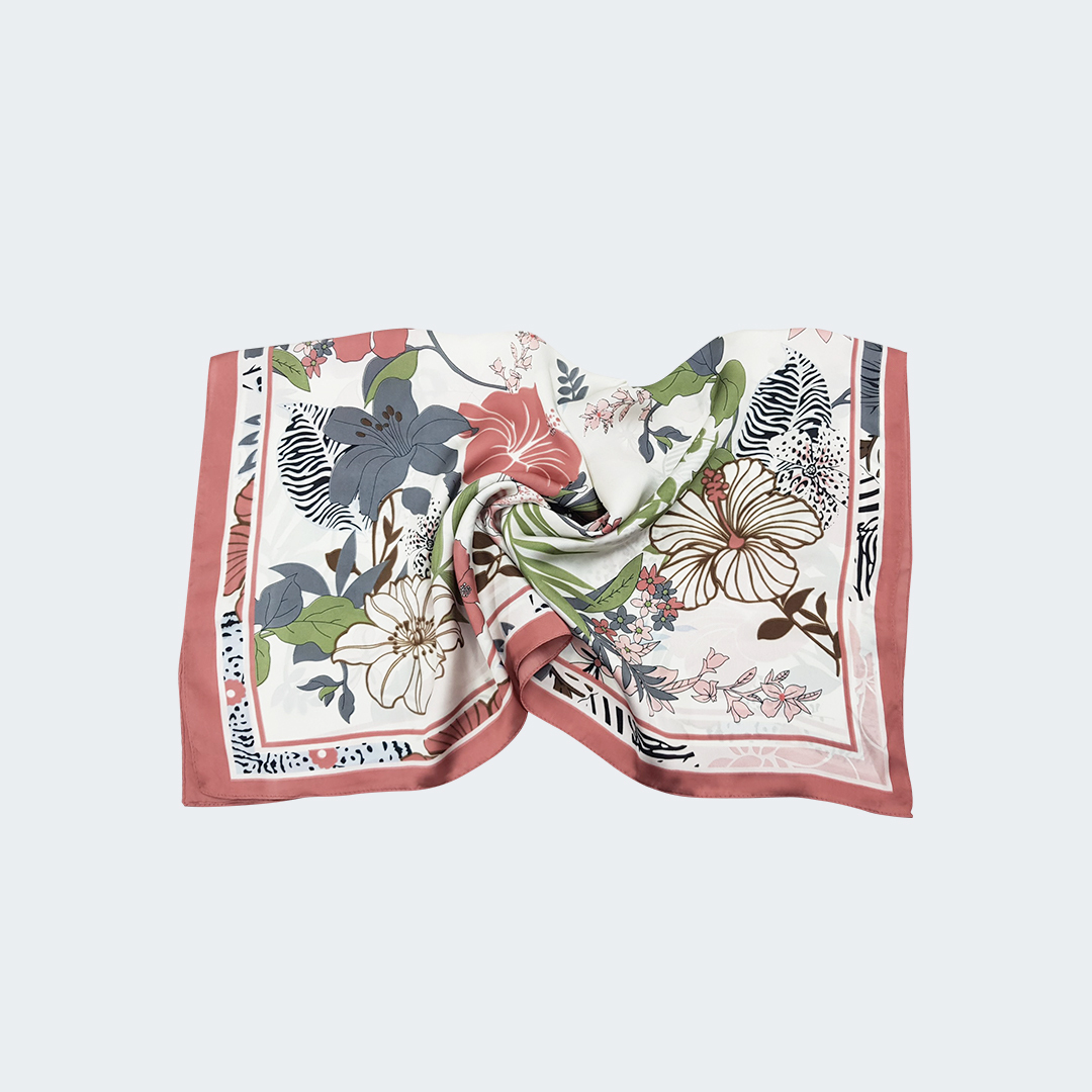 扶桑花卉印花方框絲巾