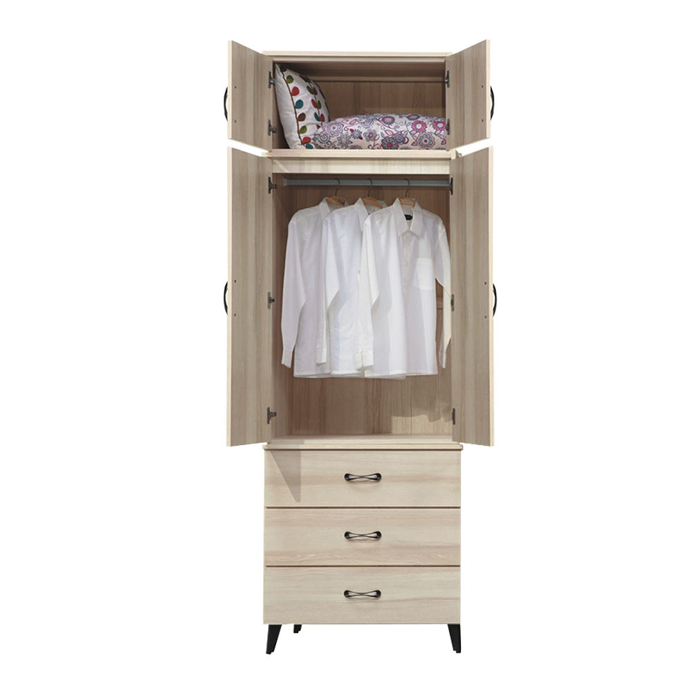 美娜2.7尺二門三抽加高型衣櫃(單吊+棉被櫃)