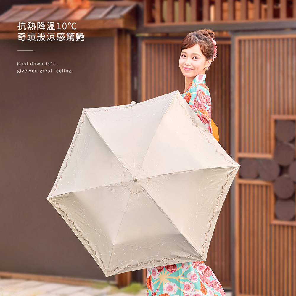 雨之戀降溫10℃涼感扁摺疊傘雪紡花、抗熱降溫10℃奇蹟般涼感驚艷。Cool down 10℃, give you great feeling.