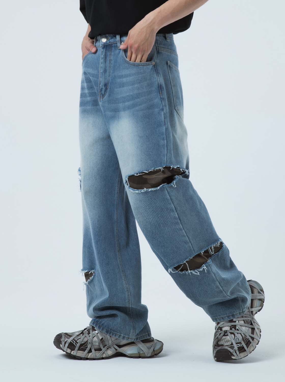 割破迷彩撞布超寬直筒褲