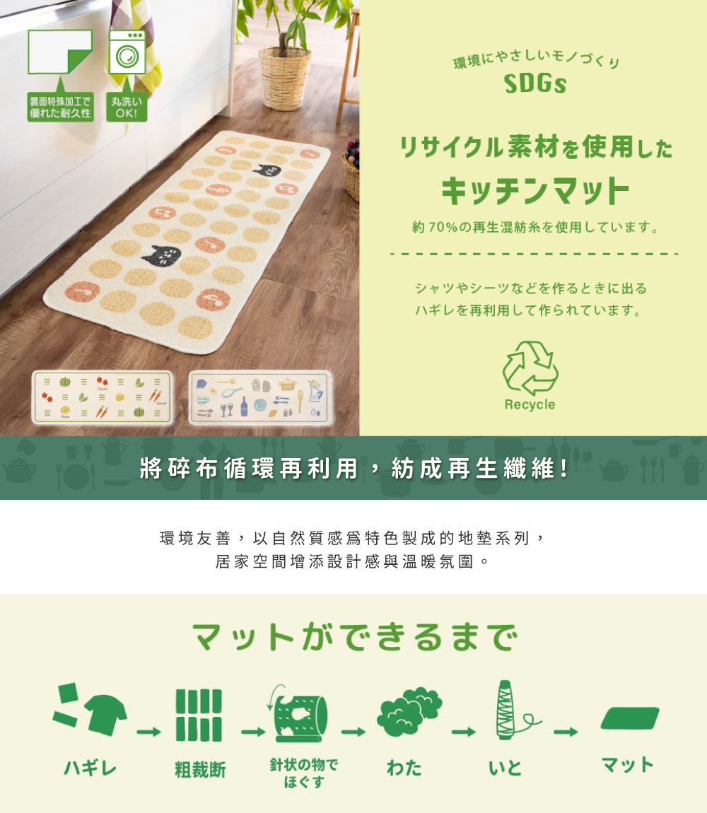 《oka》日本製再生印花廚房地墊-綠野小徑  ( 45cm寬 x 3尺寸 / 可機洗 / 厚4mm)