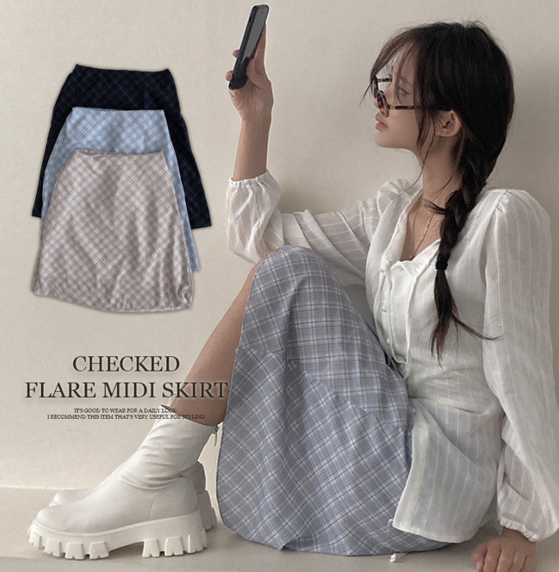 早秋預訂｜雪紡格紋喇叭中裙