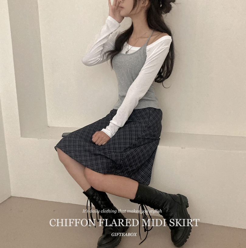 早秋預訂｜雪紡格紋喇叭中裙