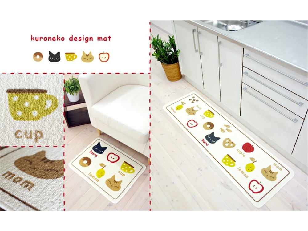 《oka》日本製再生印花廚房地墊-貓咪手札 ( 45cm寬 x 3尺寸 / 可機洗 / 厚4mm)