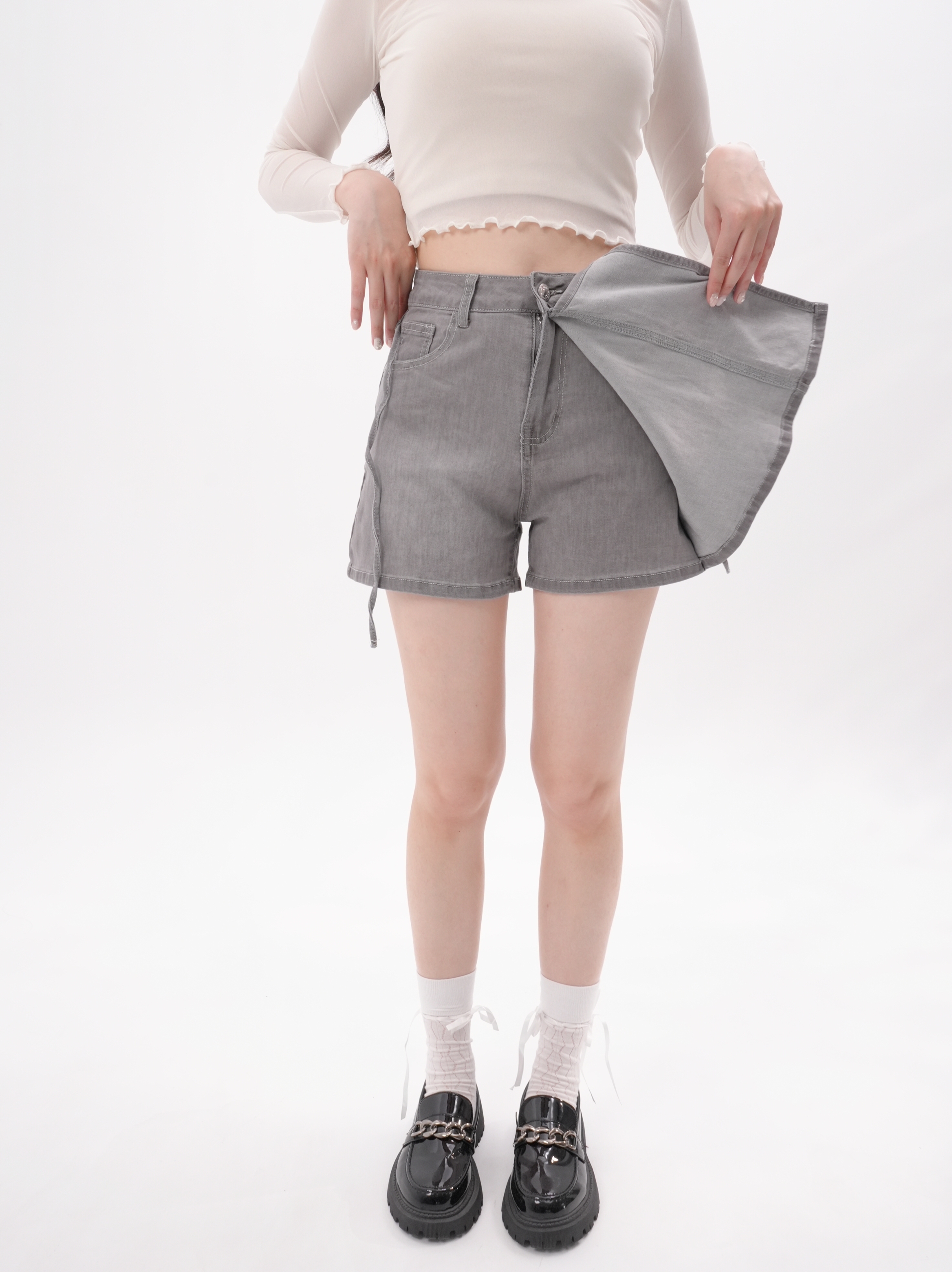 法朵Fado shop｜側綁帶漂洗短褲裙 4553013 灰色 S-XL