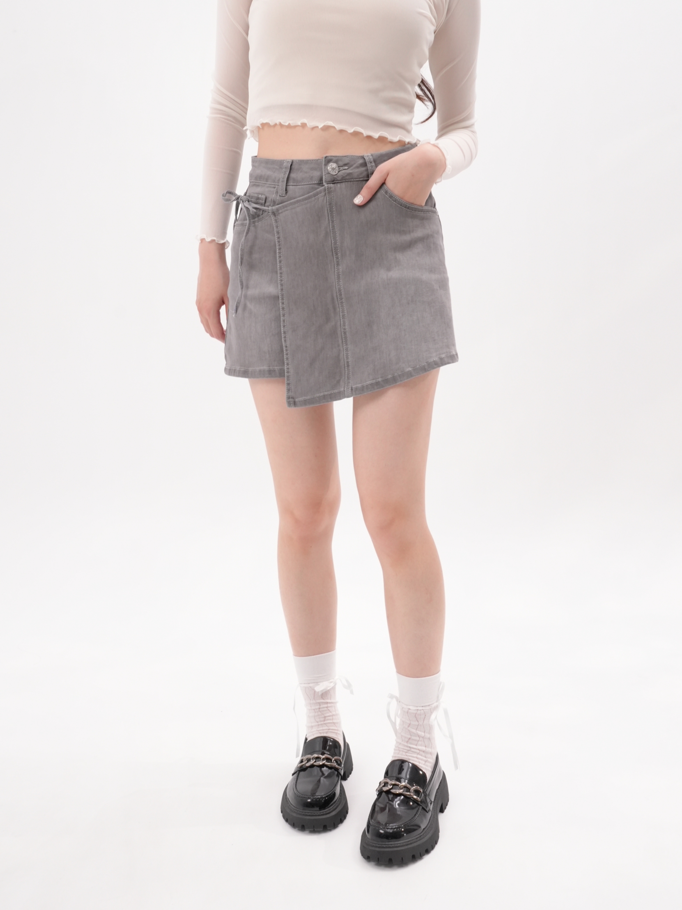 法朵Fado shop｜側綁帶漂洗短褲裙 4553013 灰色 S-XL