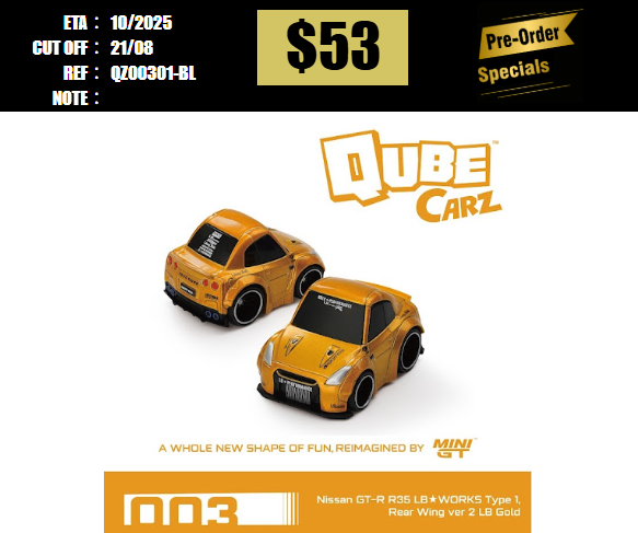 PO-$53 * MINI GT *  QUBE CARZ Nissan GT-R R35 LB★WORKS Type 1, Rear Wing ver 2 LB Gold/Blister packaging [OD08/08]