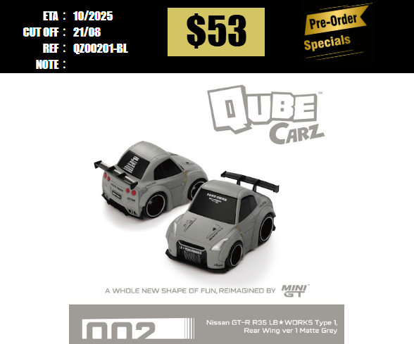 PO-$53 * MINI GT *  QUBE CARZ Nissan GT-R R35 LB★WORKS Type 1, Rear Wing ver 1 Matte Grey /Blister packaging [OD08/08]