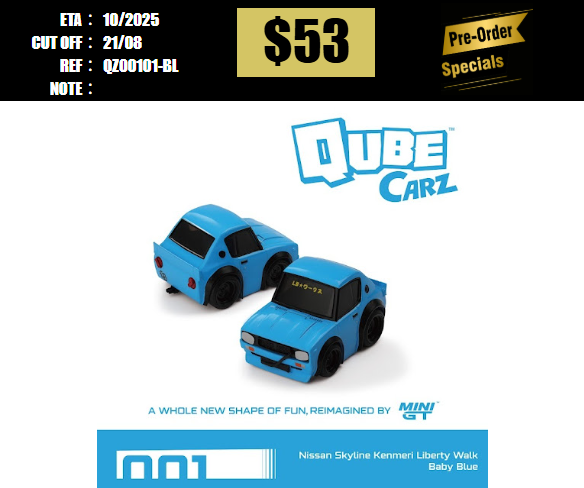 PO-$53 * MINI GT *  QUBE CARZ Nissan Skyline Kenmeri Liberty Walk Baby Blue/Blister packaging [OD08/08]