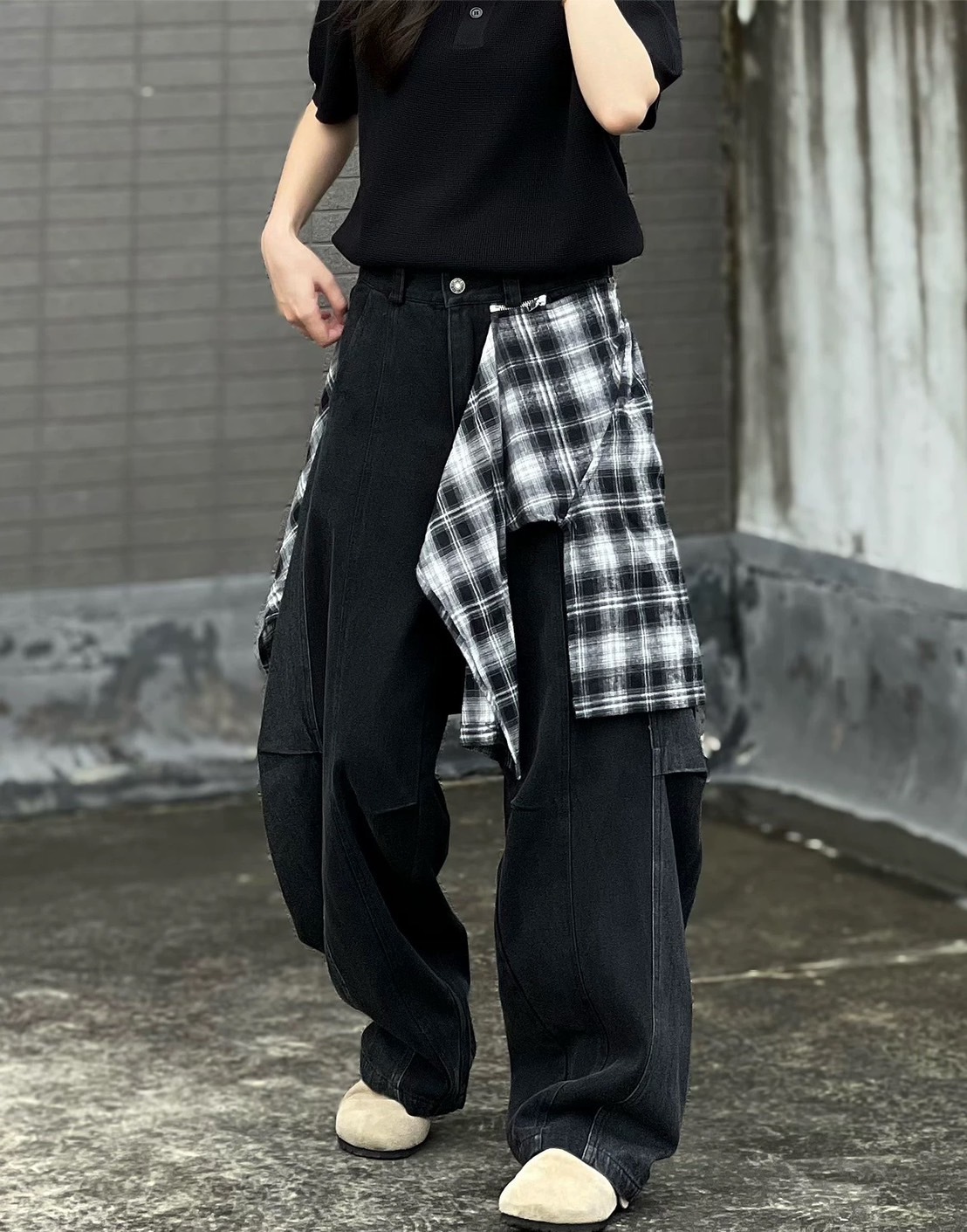 (GOAL) 美式假兩件拼接彎刀褲 格紋腰襯可拆卸 AW3322