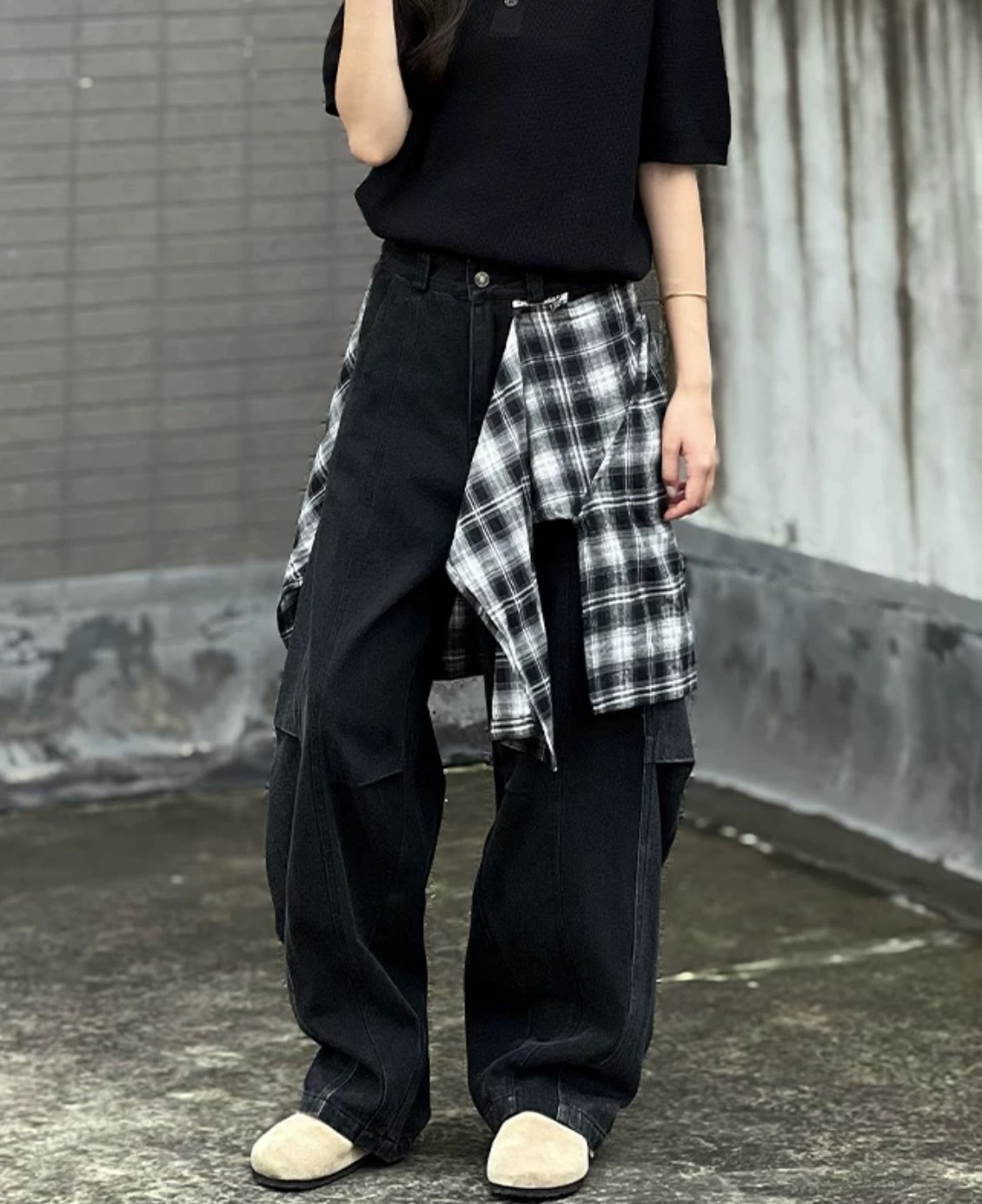 (GOAL) 美式假兩件拼接彎刀褲 格紋腰襯可拆卸 AW3322