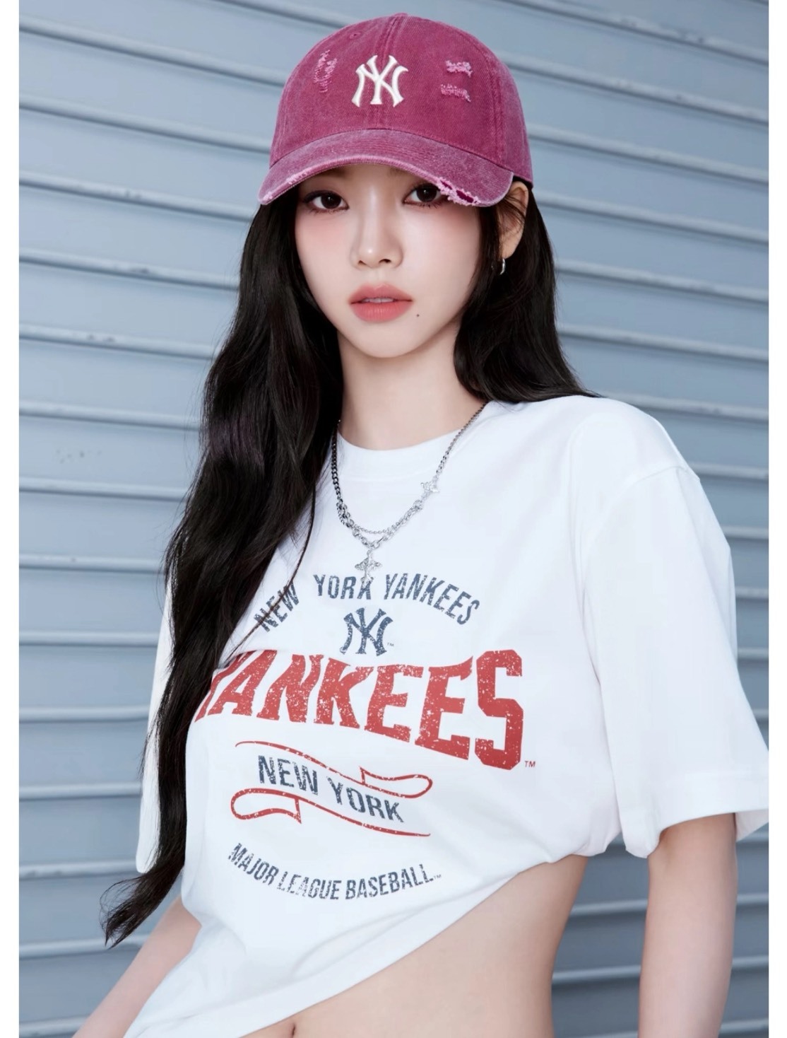 MLB 學院風系列 紐約洋基隊 白色 圓領寬鬆休閒印花短袖T恤 男女同款 Karina同款 Aug25