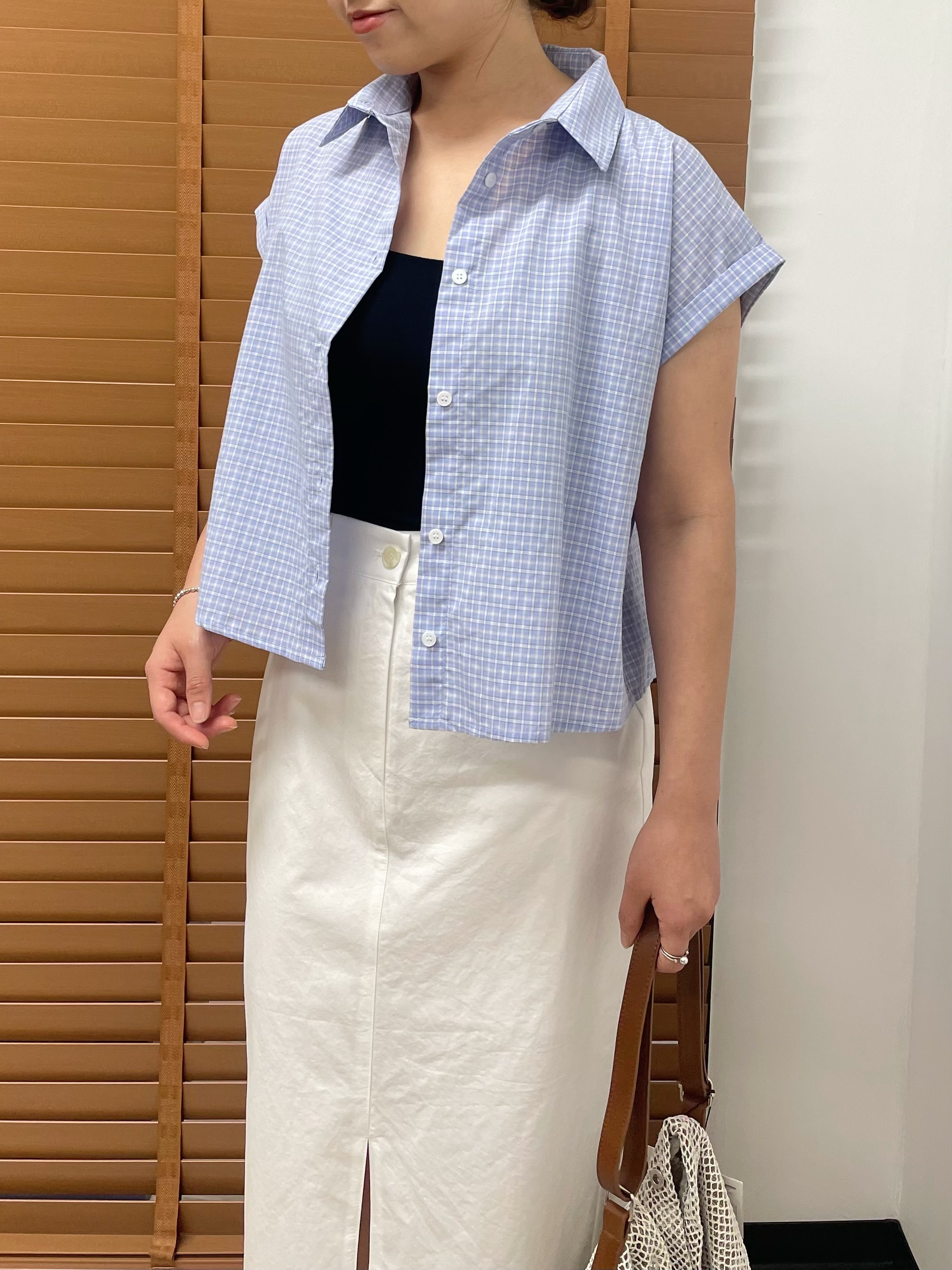 #228N515 Sparkling~小格子飛袖無肩線短恤衫