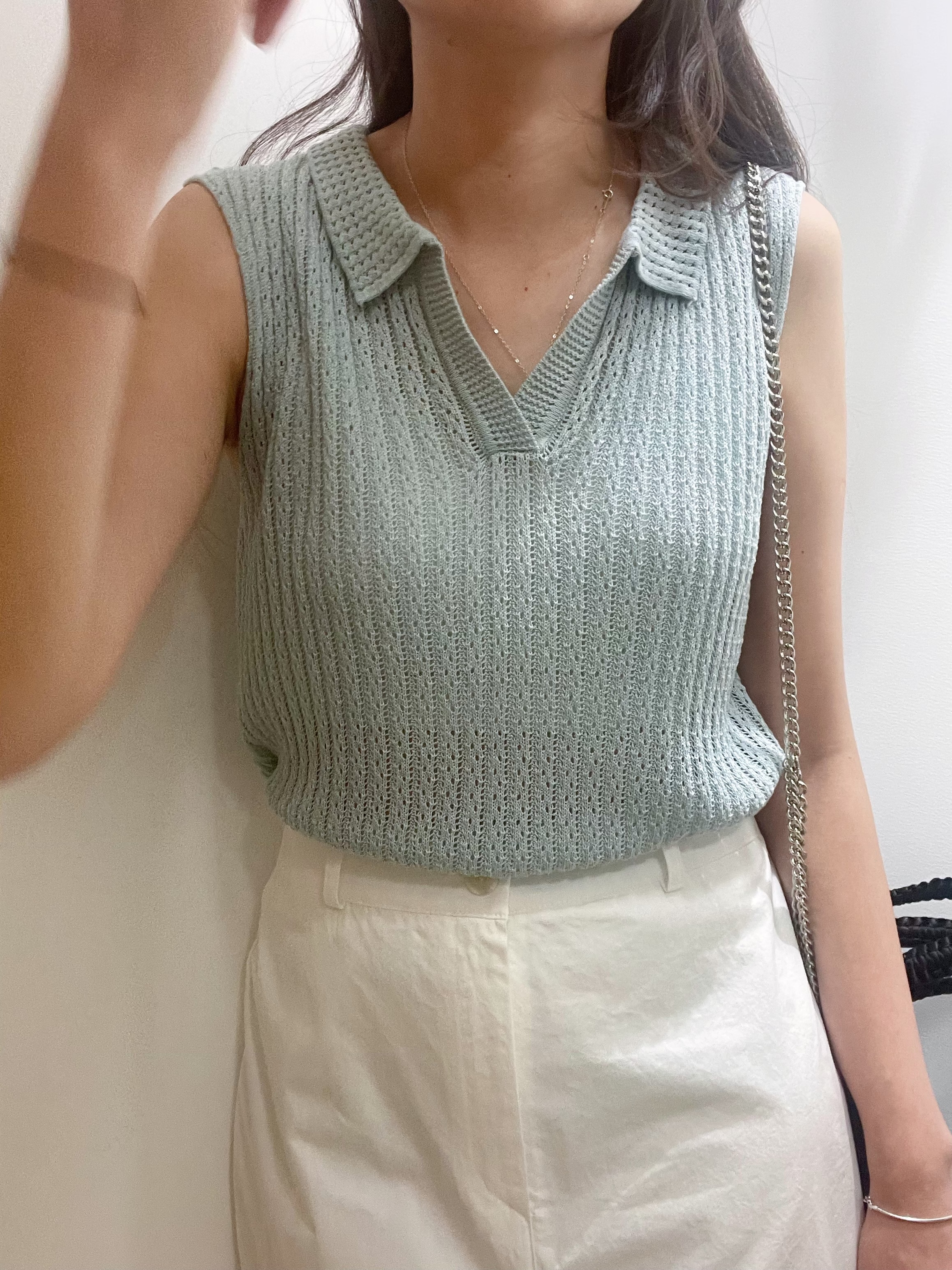 #228N516 GirlyPolo,軟感編織直紋背心