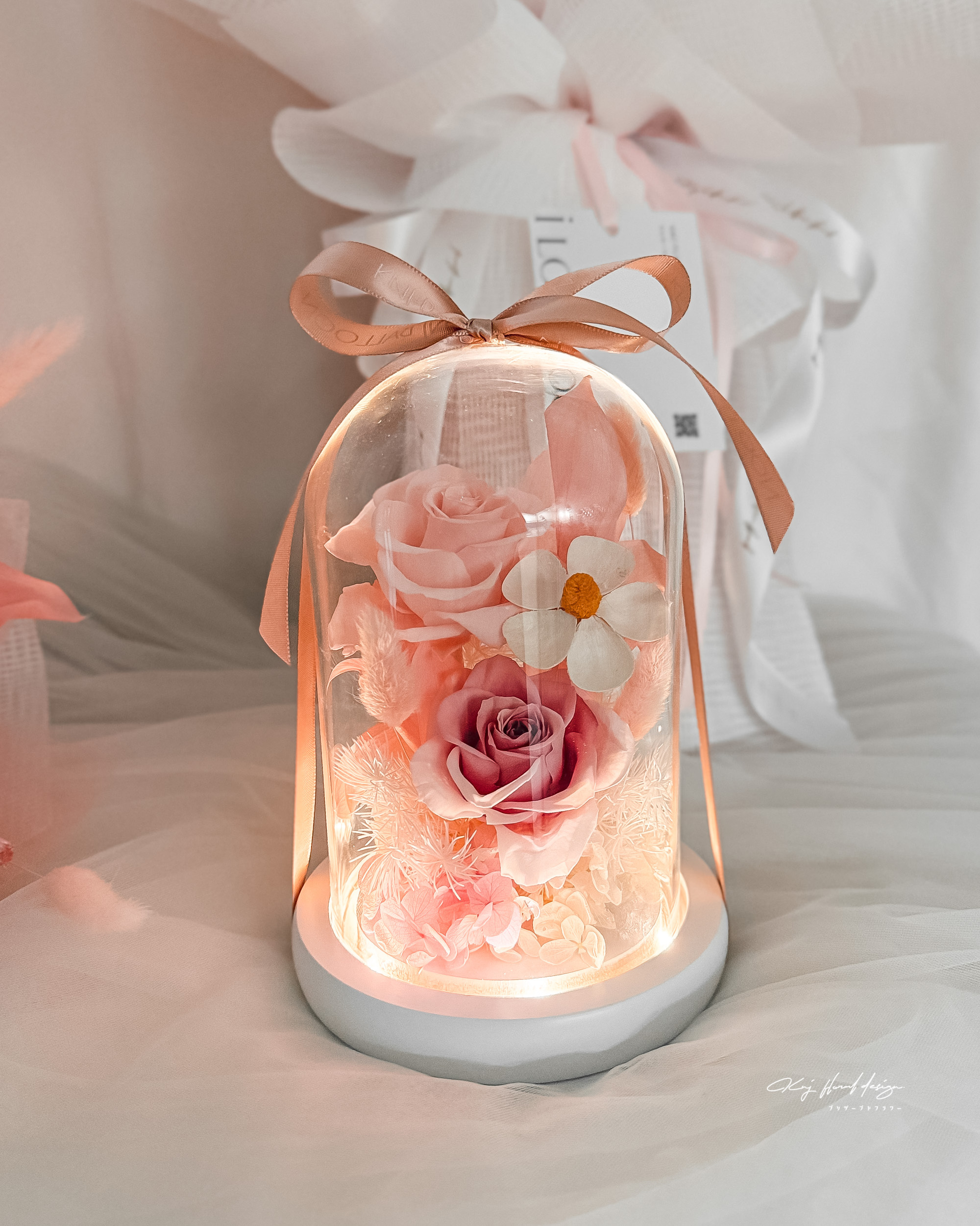 粉紅緋戀永生花玻璃燈盅