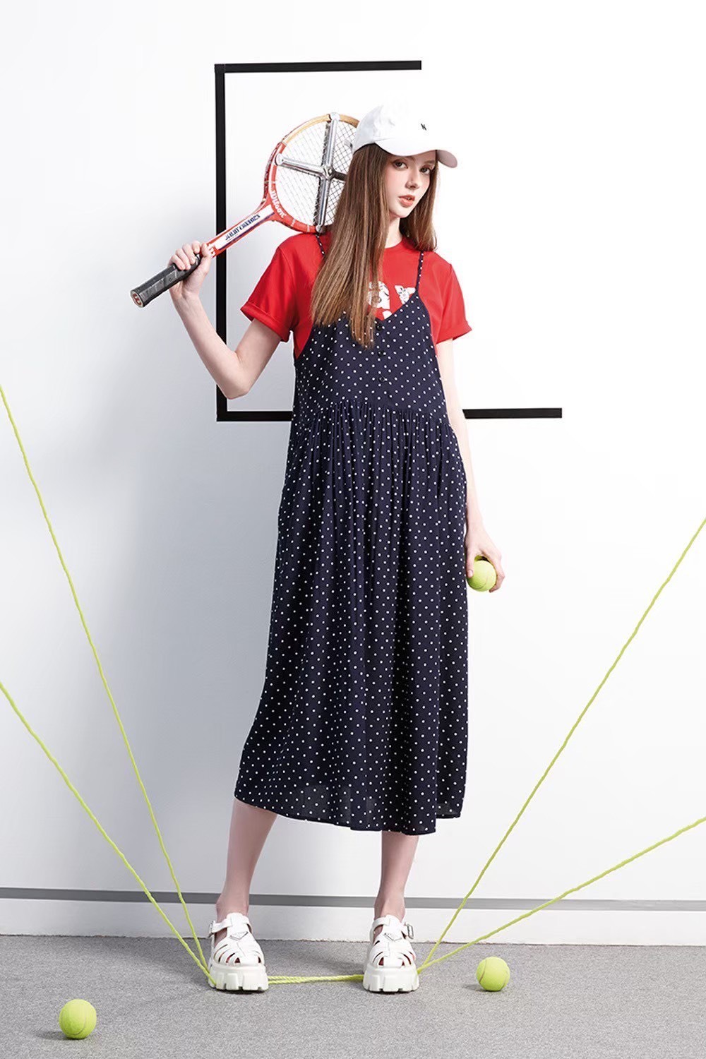 韓版甜美可愛藍白點休閒寬鬆舒適背心裙W6601