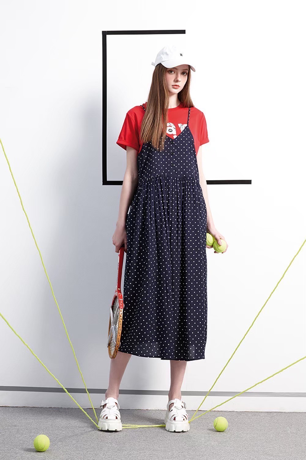 韓版甜美可愛藍白點休閒寬鬆舒適背心裙W6601